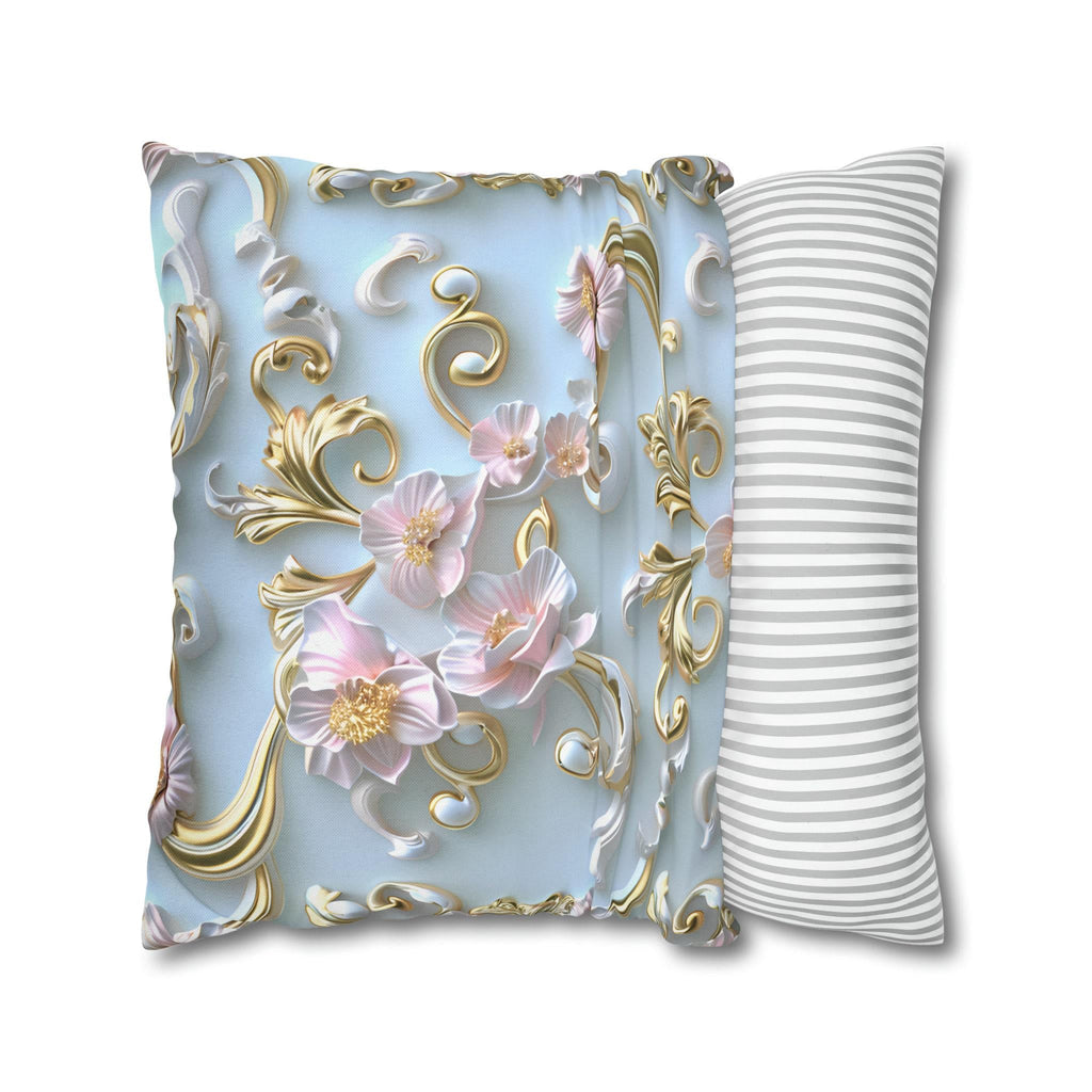 Rococo Coquette Pillow Cover: Pink Flowers, Gold Accents
