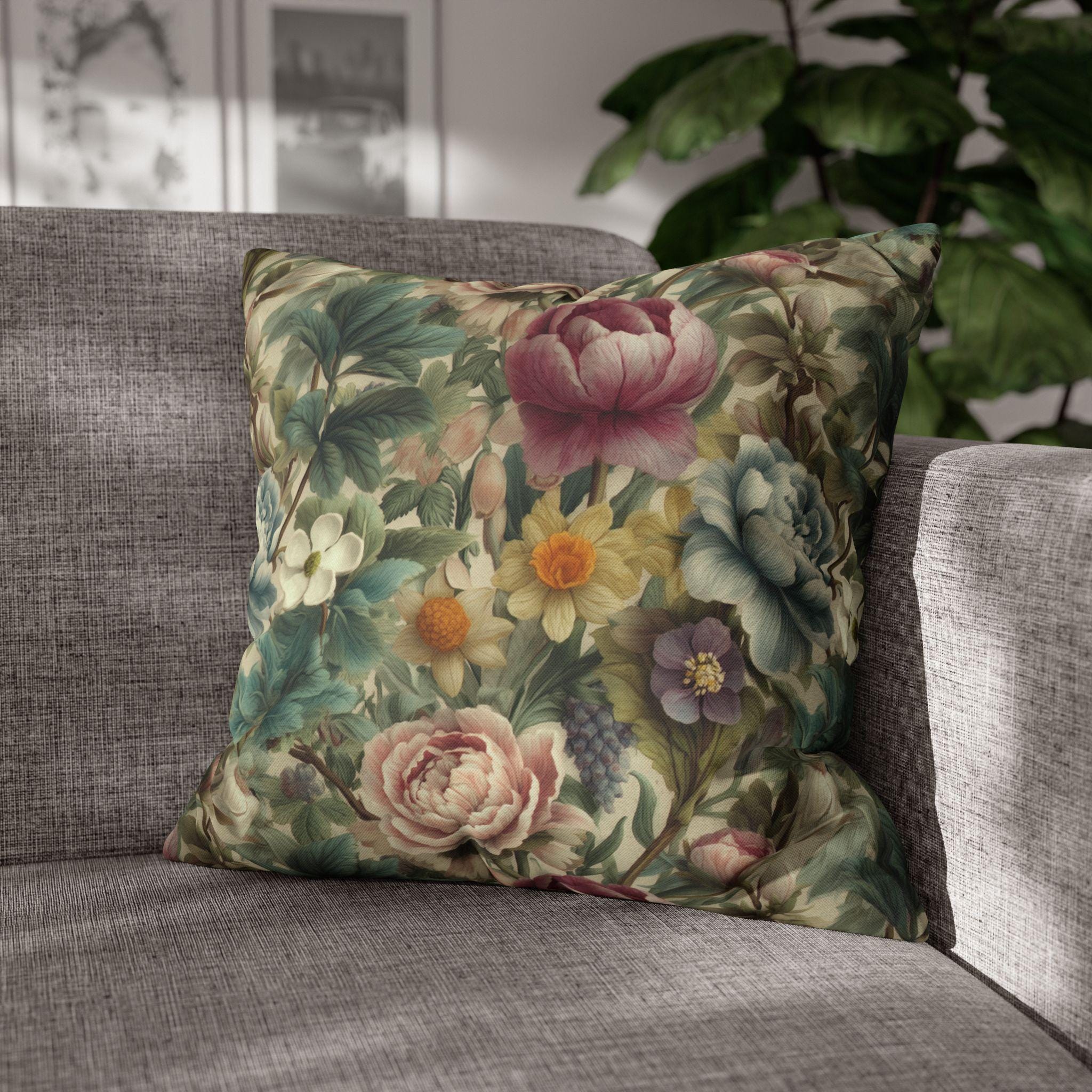 Spring Pastel Watercolor Pillow Cover: Romantic Floral Garden Pink, Blue and Sage