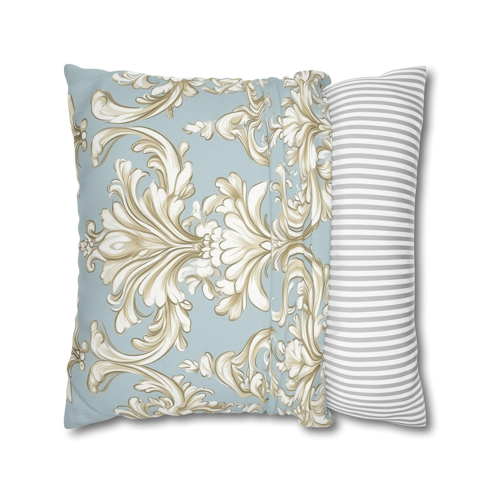 Elegant Baroque Champagne & Powder Blue Pillow Cover: Vintage-Style Bedroom Accent for Luxurious Home Decor
