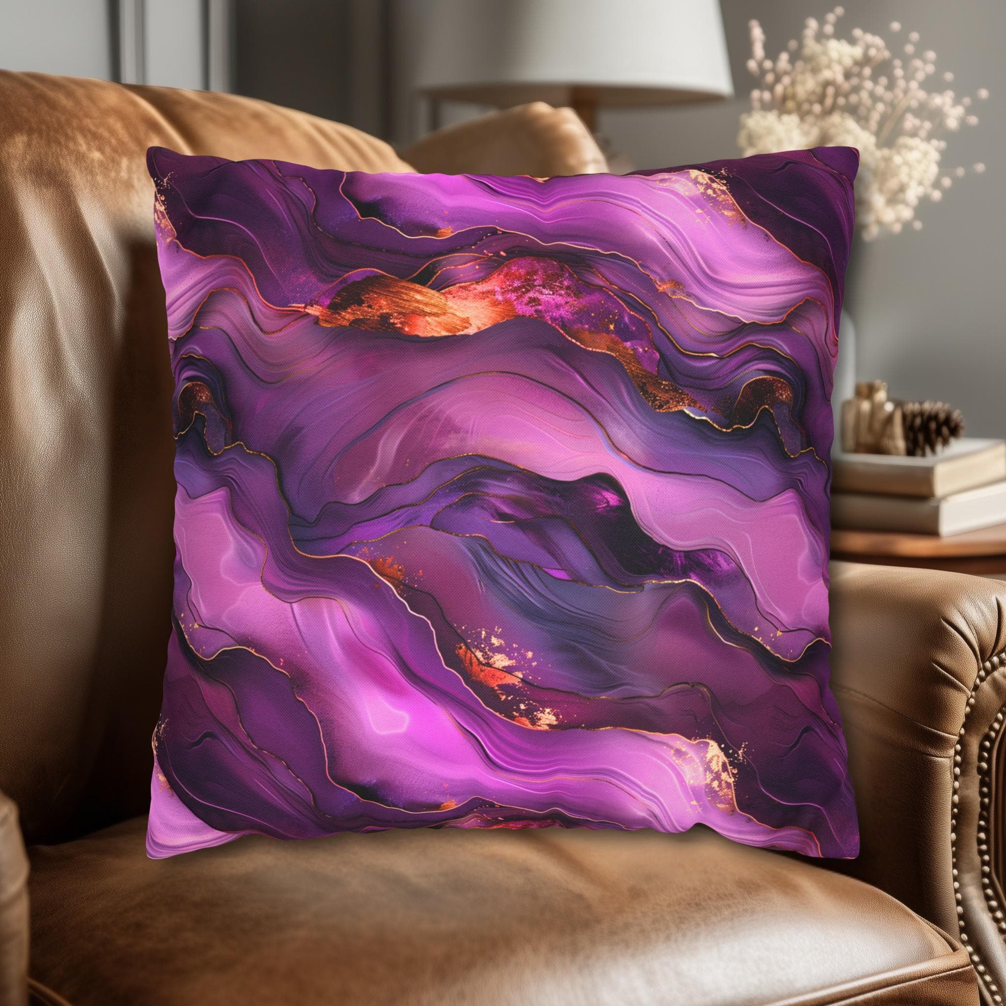 Abstract Plum Pillow Cover: Waves of Amethyst with Copper Fire Colored Accents