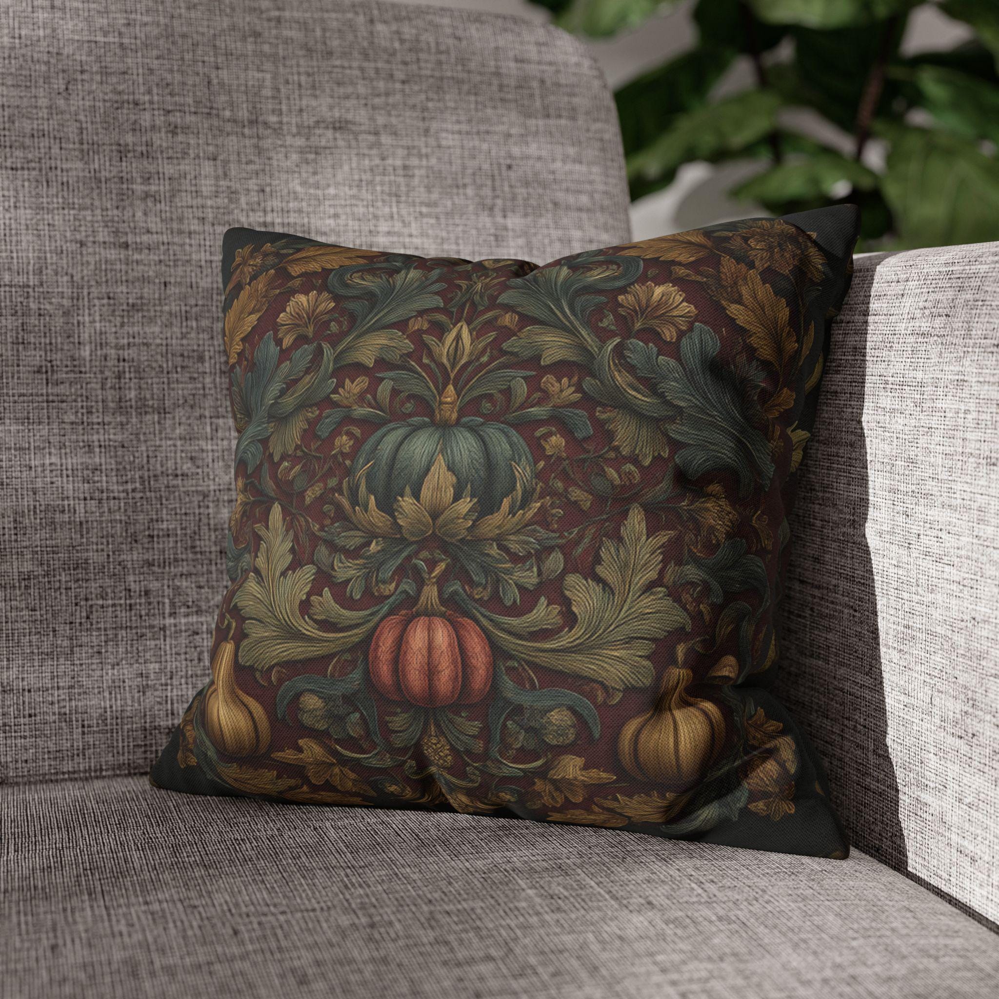Fall Harvest Pillow Cover: William Morris Style with Pumpkins & Gourds on Merlot Red Wine