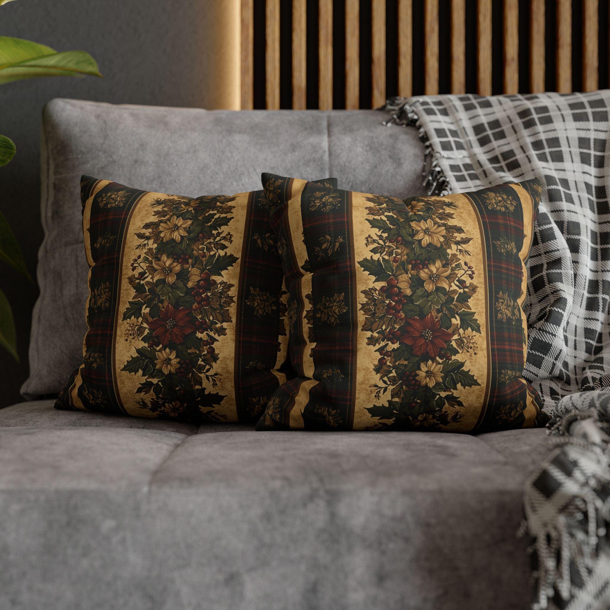 Plaid Botanical Stripes Christmas Throw Pillow Cover: Vintage Style with Poinsettias and Holly
