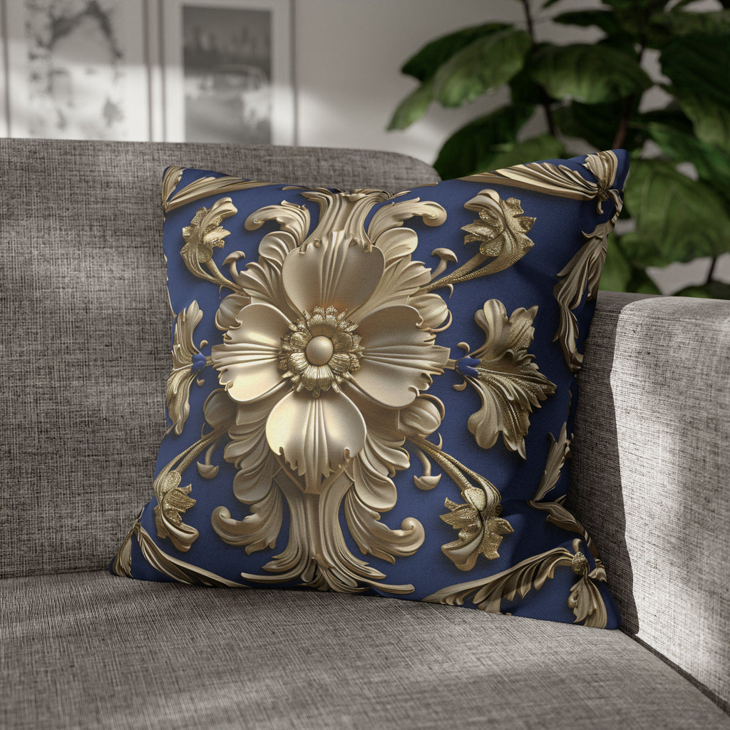 Luxurious Baroque Floral Pillow Cover: Deep Blue with Pale Gold Symmetrical Design