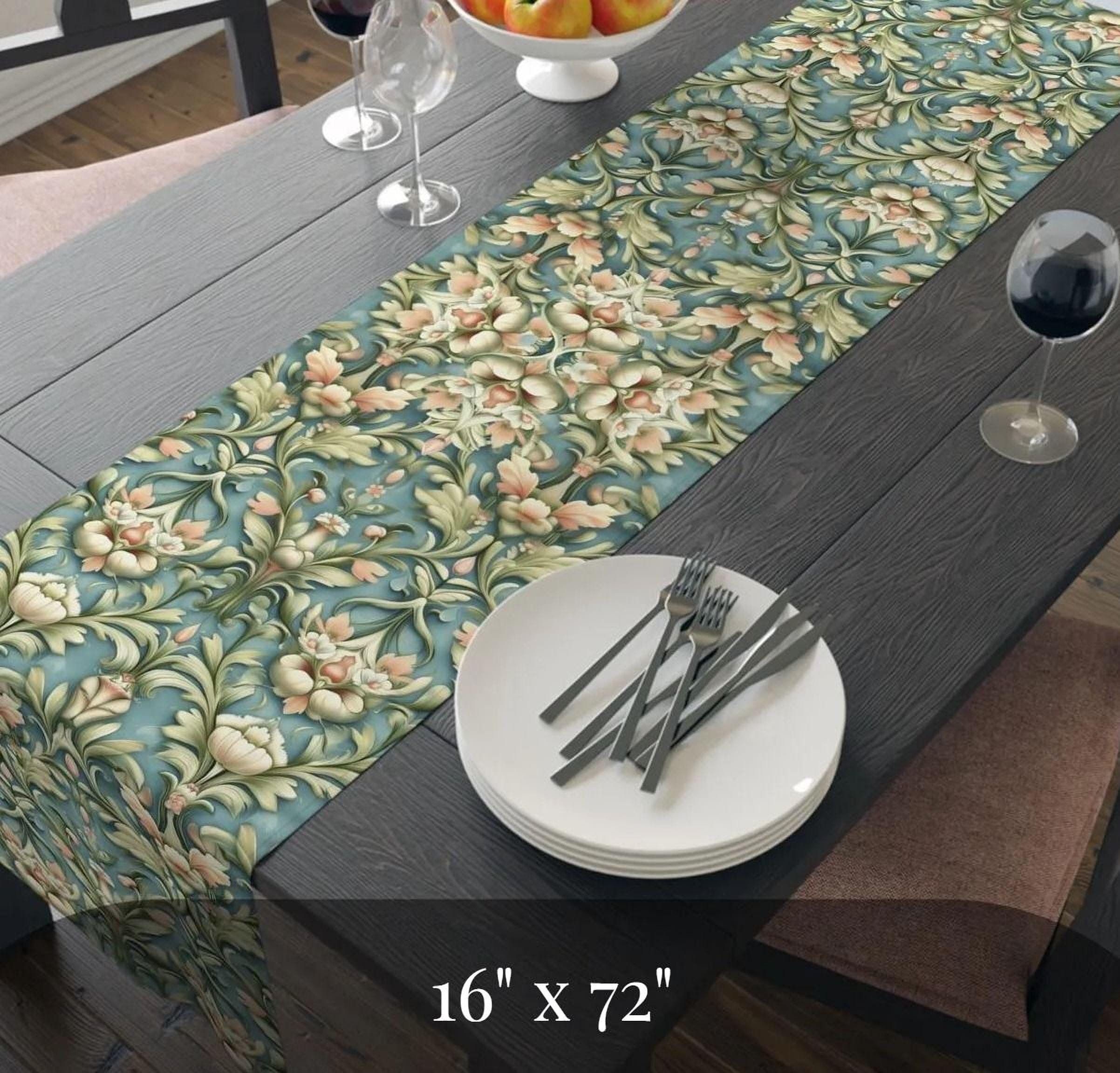 William Morris Table Runner: Vintage Style Botanical Teal Decor