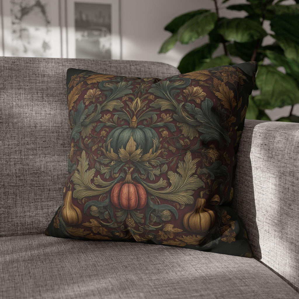 Fall Harvest Pillow Cover: William Morris Style with Pumpkins & Gourds on Merlot Red Wine