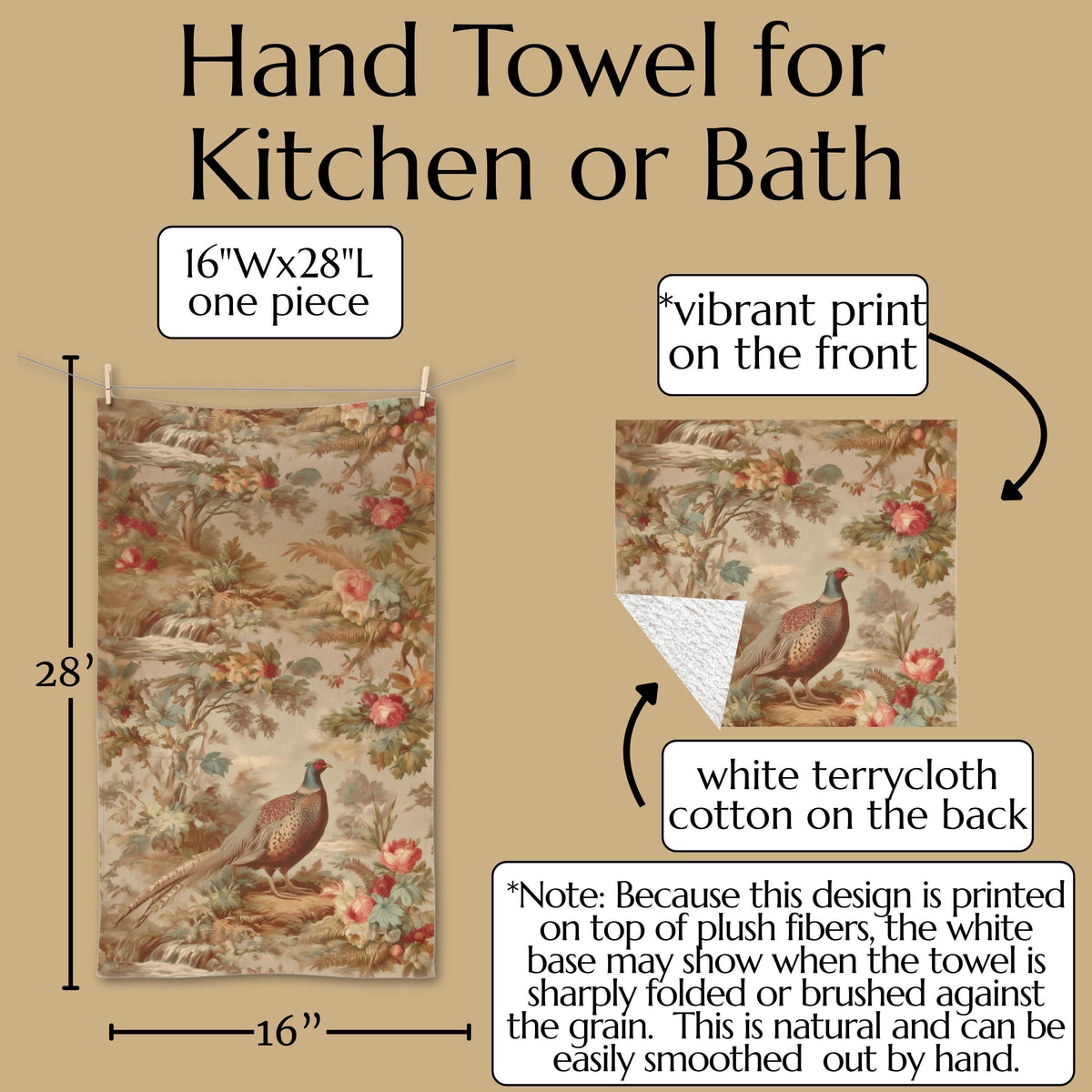 French Country Pheasant Hand Towel: Vintage Style Toile Bird Design for Kitchen or Bath