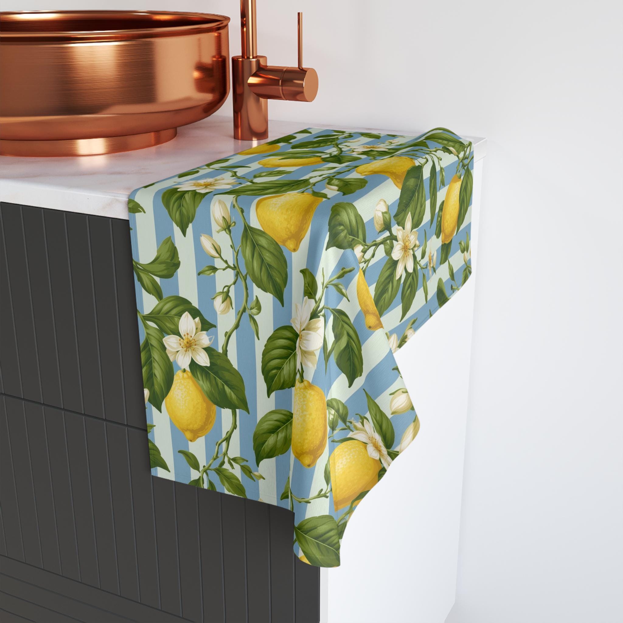 Lemon Soft Blue Stripe Hand Towel: with Green Leaves and White Florals