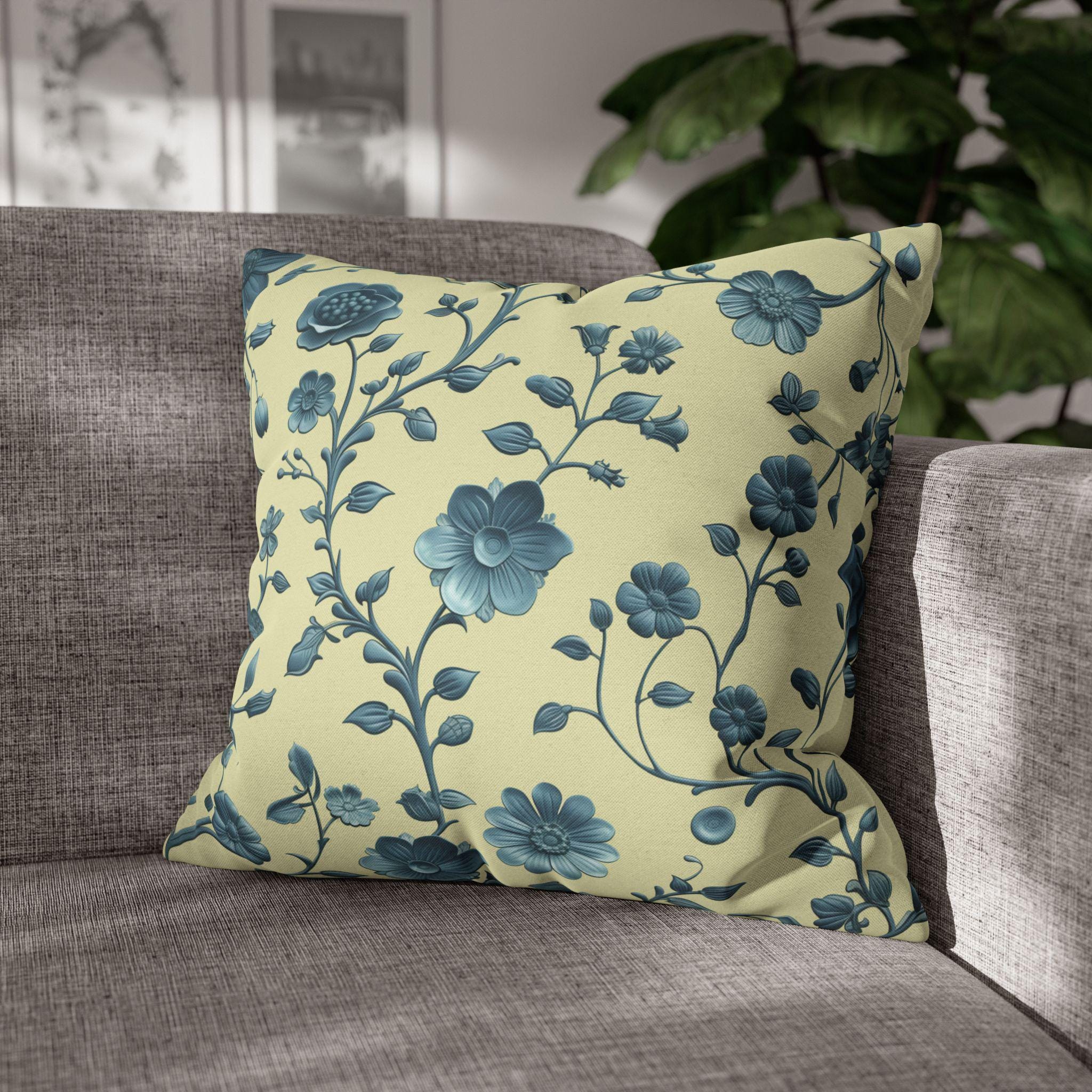 Elegant Chinoiserie Floral Pillow: Teal & Buttery Yellow Botanical Cushion for Classic or Modern Decor