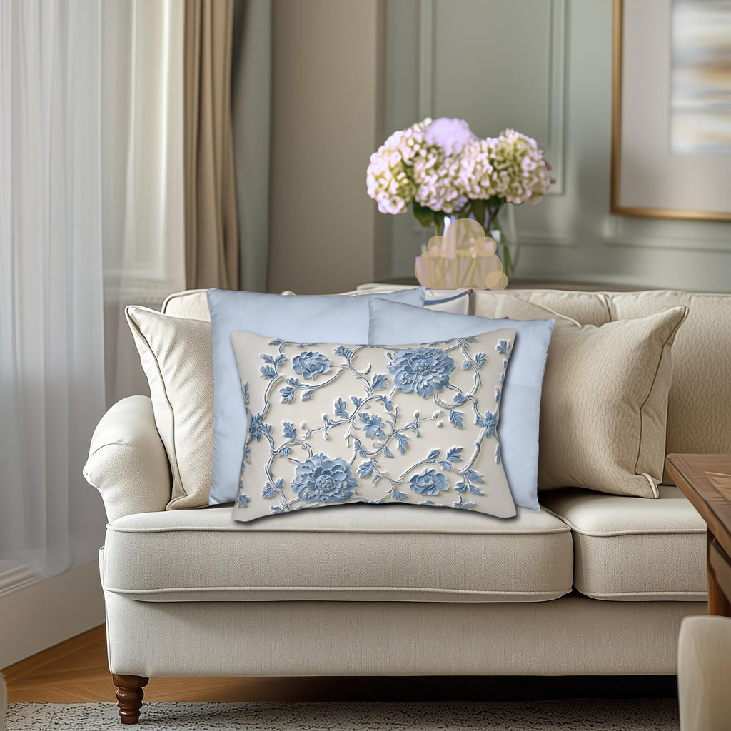 Lumbar Pillow: Elegant Blue Floral Pattern (20x14, Off-White)
