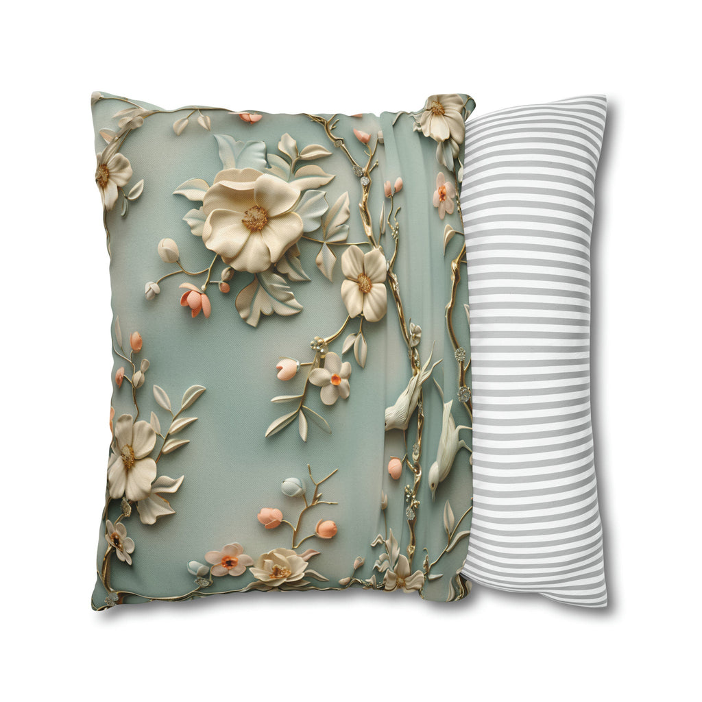Chinoiserie Pillow Cover: 3D Birds & Blooms, Pastel Blue Accent