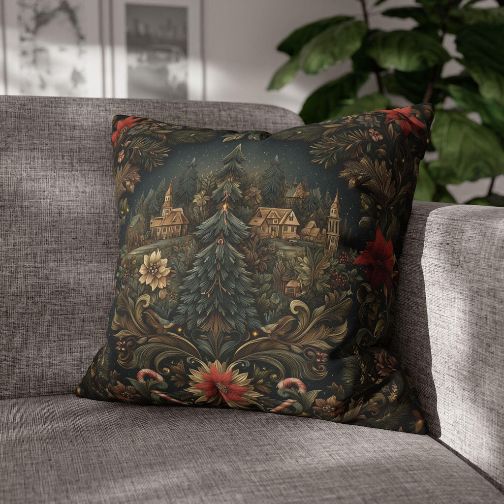 Storybook Village Christmas Pillow Cover: William Morris Style, Pine Green and Crimson Florals