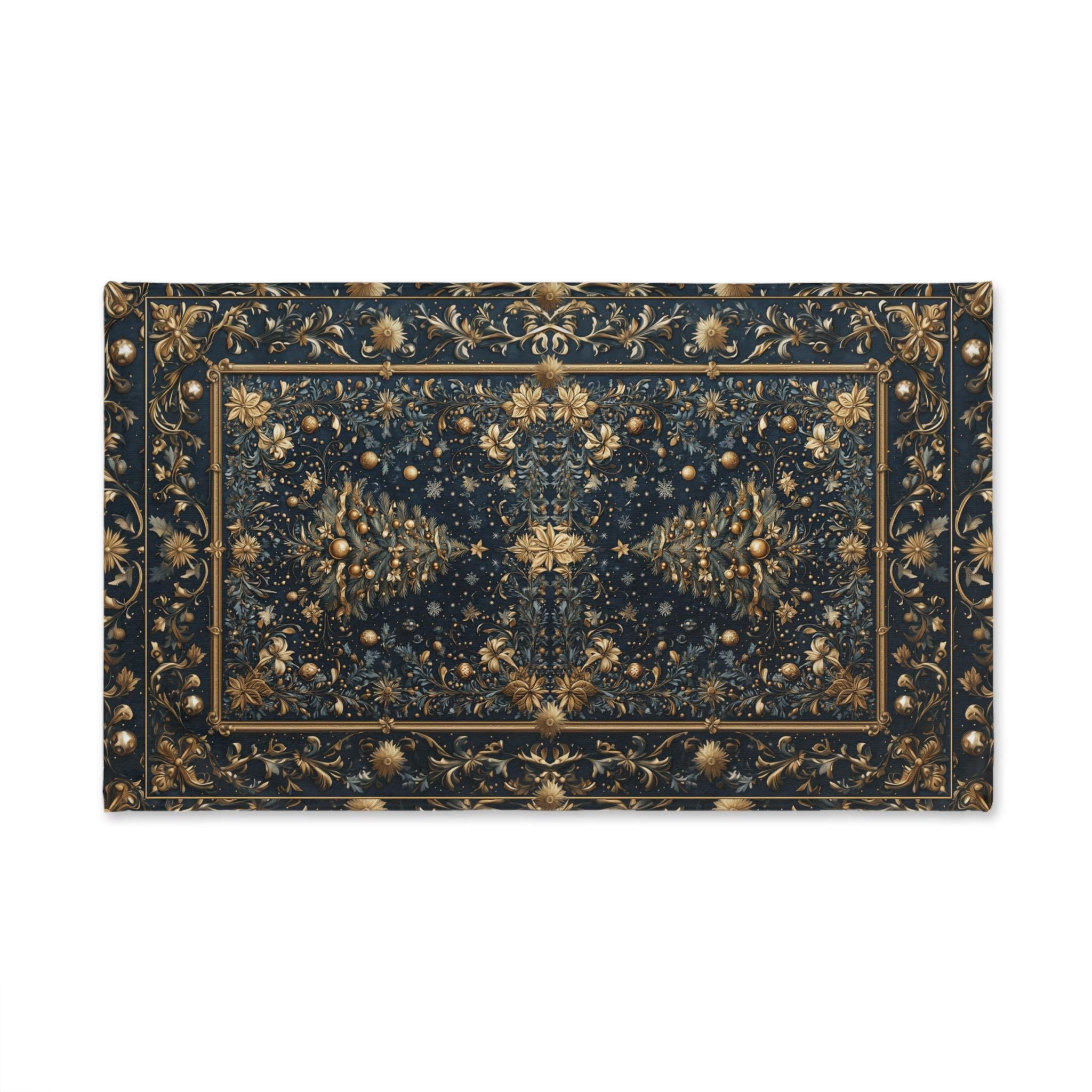 William Morris Inspired Christmas Tree Tea Towel: Gold & Navy Holiday Hand Towel