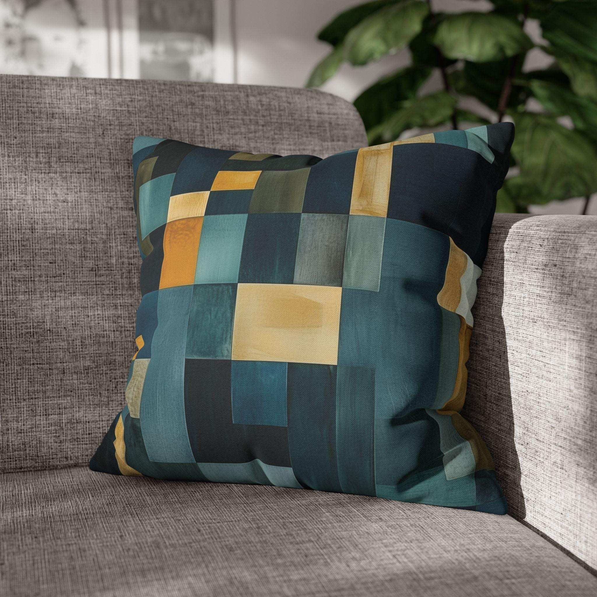 Geometric Abstract Square Pillowcase, Blue and Earth Colors, Modern Rustic Decor