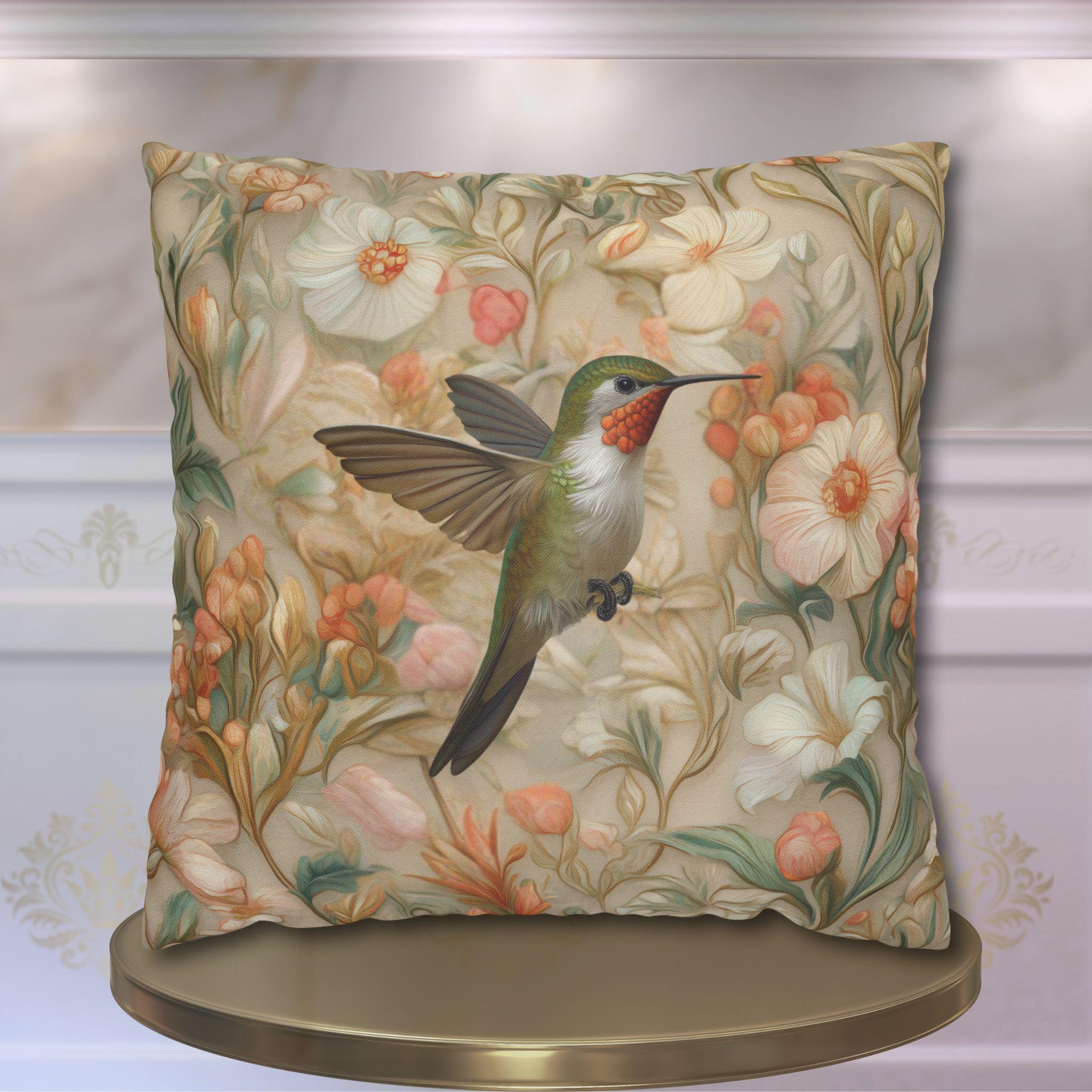 William Morris Hummingbird Pillow Cover: Peach Vintage Style Garden Cushion