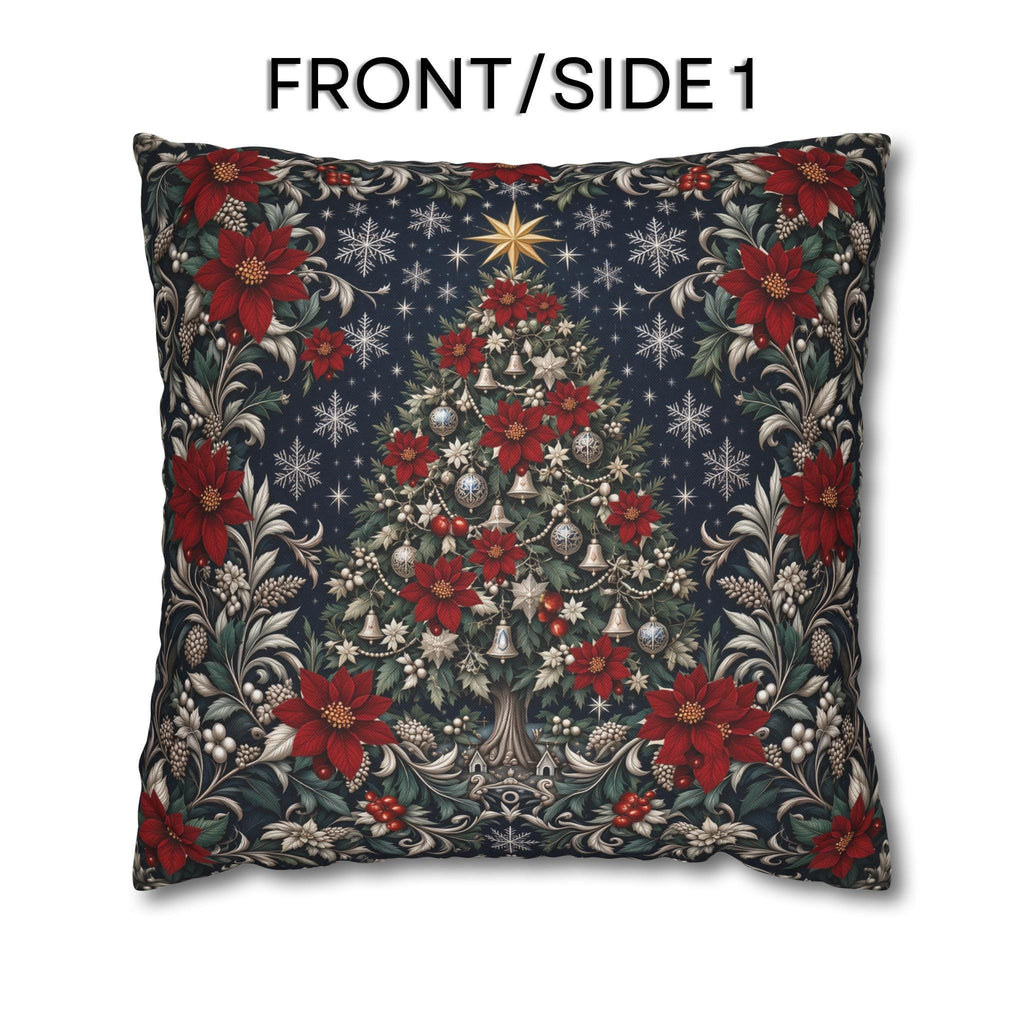 William Morris Christmas Pillow Cover: Navy Blue Poinsettia, Silver Snowflake Vintage Style Holiday