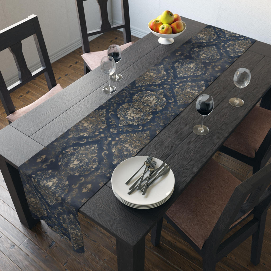 Elegant Baroque Navy & Gold Damask Table Runner: Vintage-Inspired Dining Room Accent