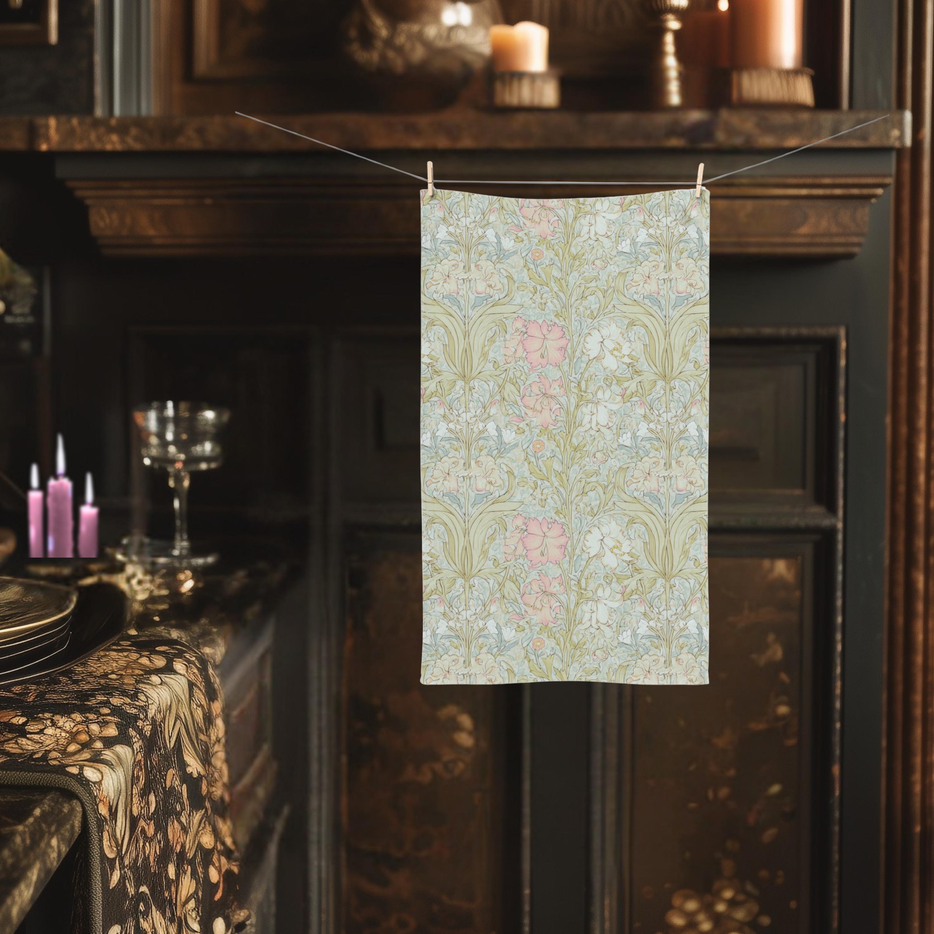 William Morris Style Hand Towel: Soft Sage and Blush Botanical Ivory Cottage Decor