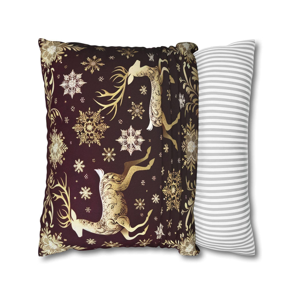 Golden Reindeer Snowflake Decorative Throw Pillow Cover: Festive Elegance Designer Square Pillowcase