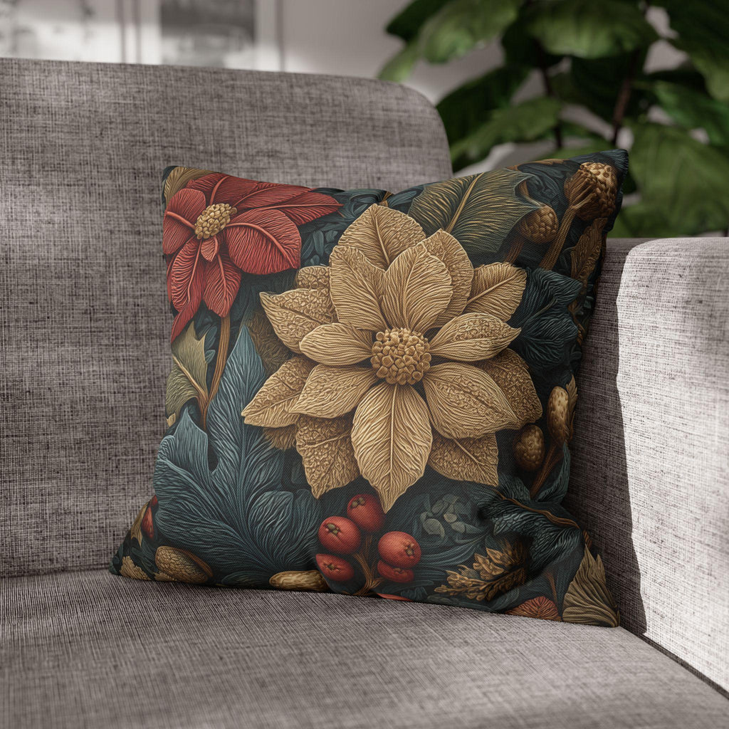 William Morris Christmas Pillow Cover: Wine and Taupe for n Gray Poinsettia Woodland Illustration
