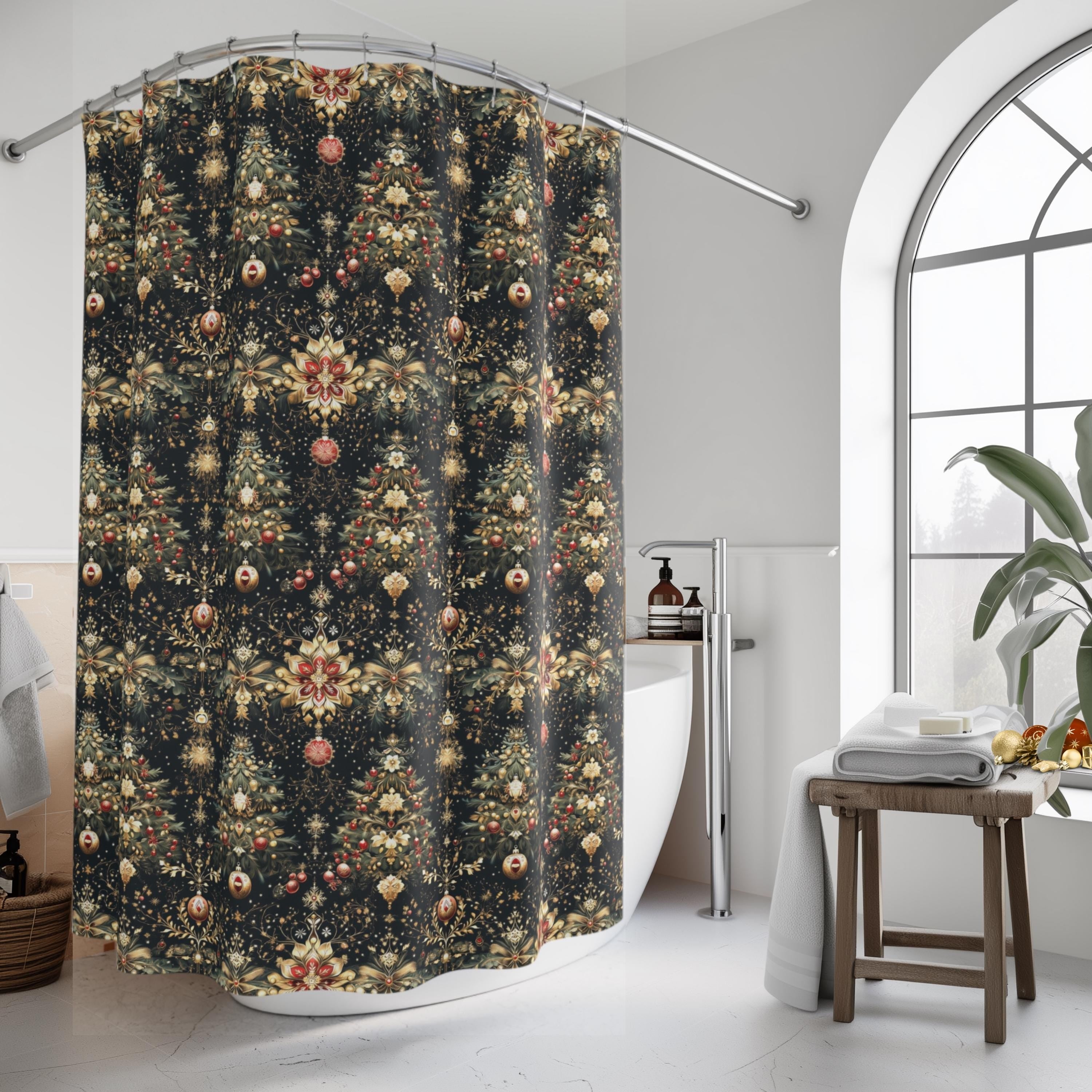 Luxe Christmas Tree Fabric Shower Curtain: Gold, Red & Green Holiday Decor