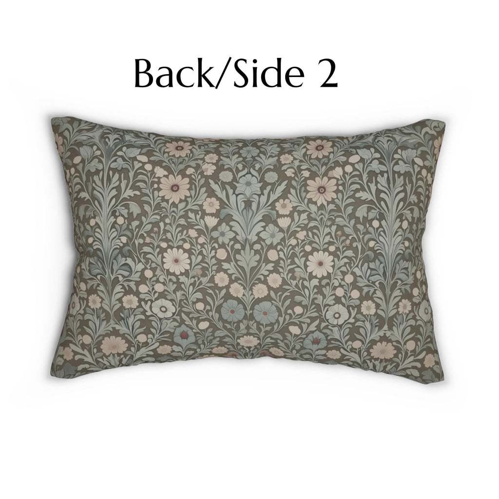 William Morris Inspired Botanical Lumbar Pillow: Soft Gray-Sage, Taupe, Blush Accent