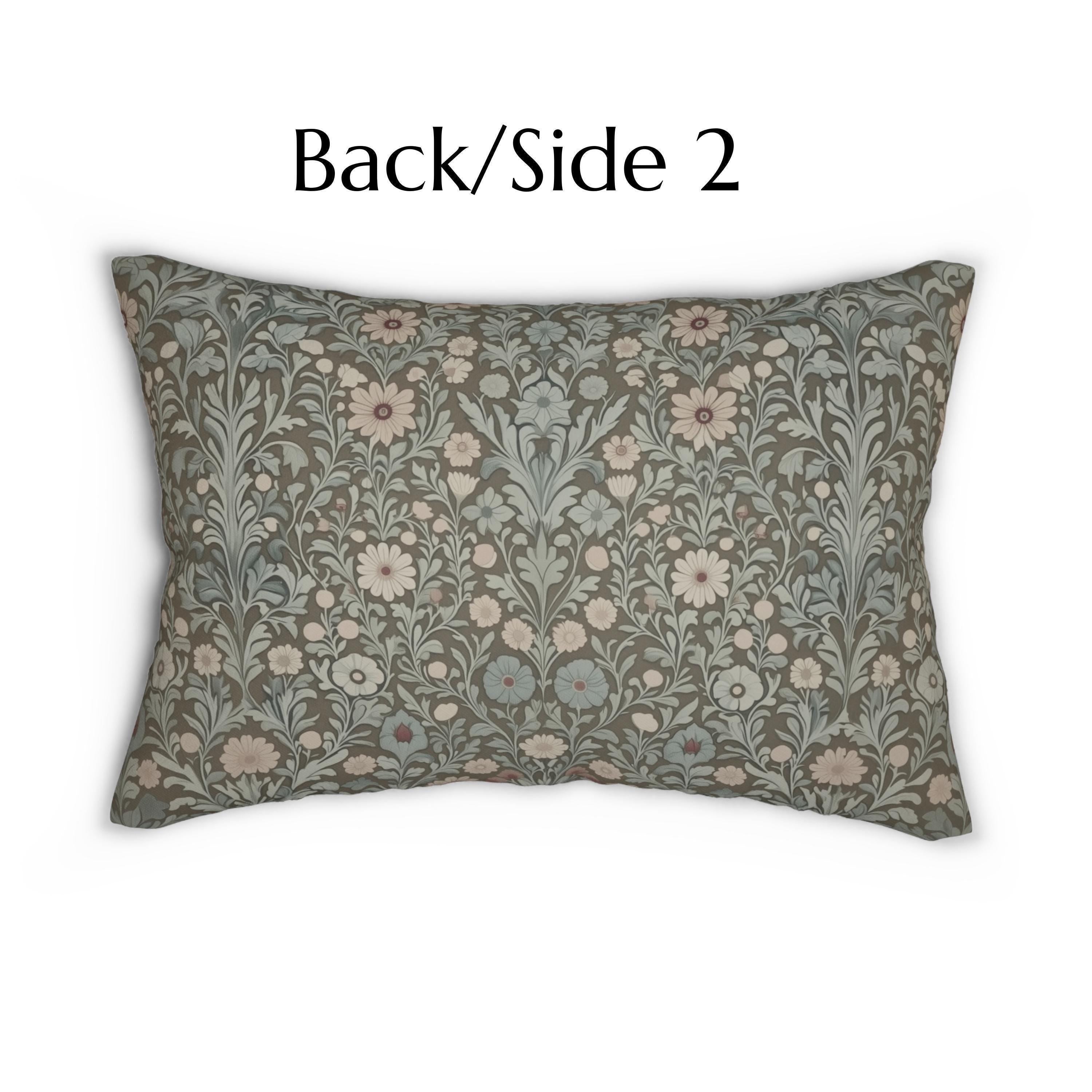 William Morris Inspired Botanical Lumbar Pillow: Soft Gray-Sage, Taupe, Blush Accent