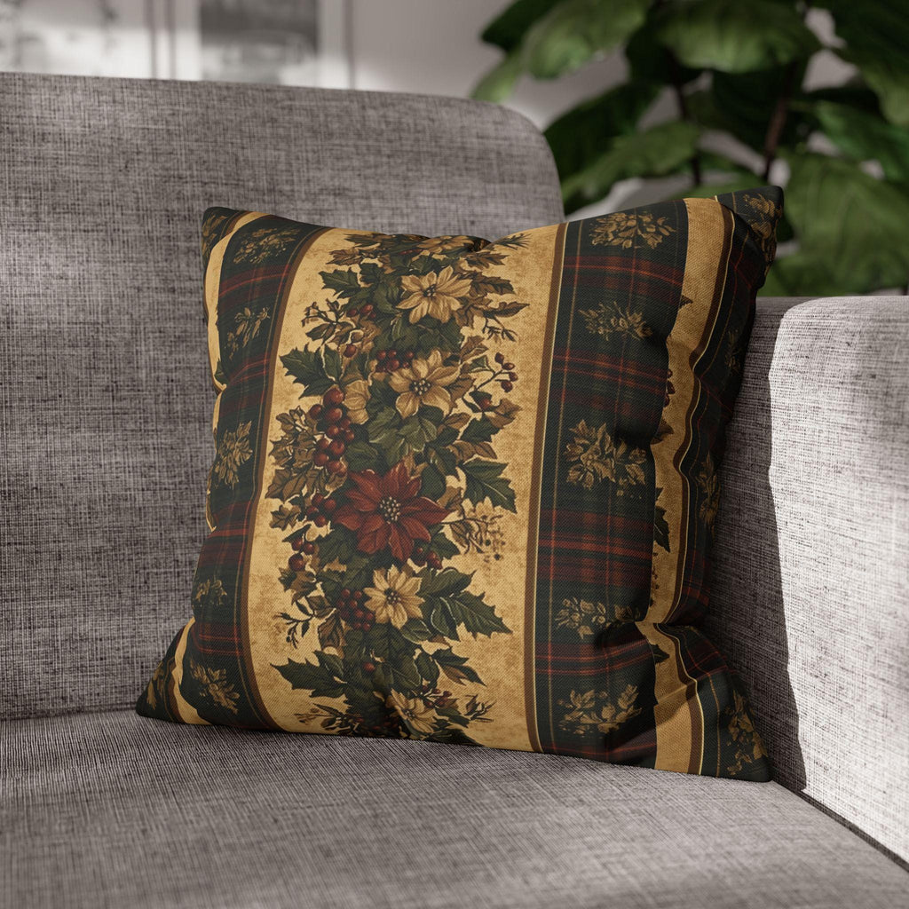 Plaid Botanical Stripes Christmas Throw Pillow Cover: Vintage Style with Poinsettias and Holly