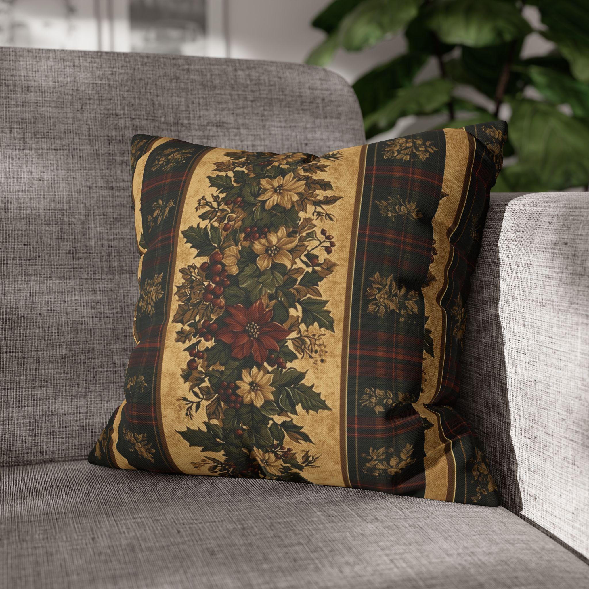 Plaid Botanical Stripes Christmas Throw Pillow Cover: Vintage Style with Poinsettias and Holly
