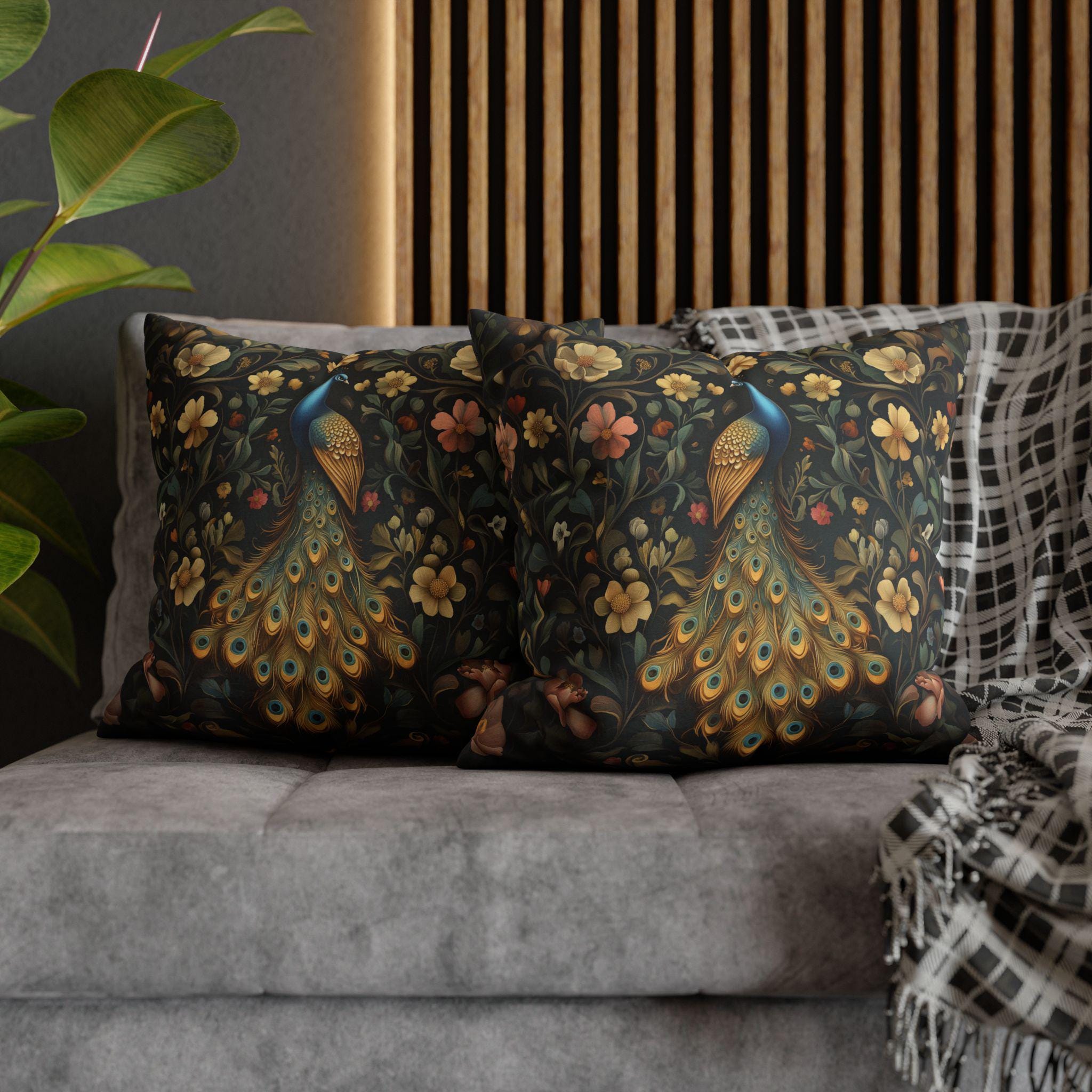 William Morris Inspired Peacock Pillow Cover: Teal-Blue Gold Floral, on a Charcoal Backdrop