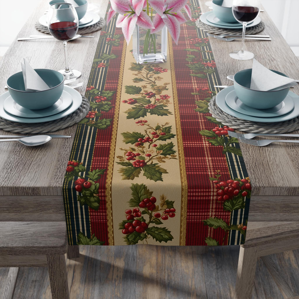 Christmas Table Runner: Classic Holly & Tartan Plaid