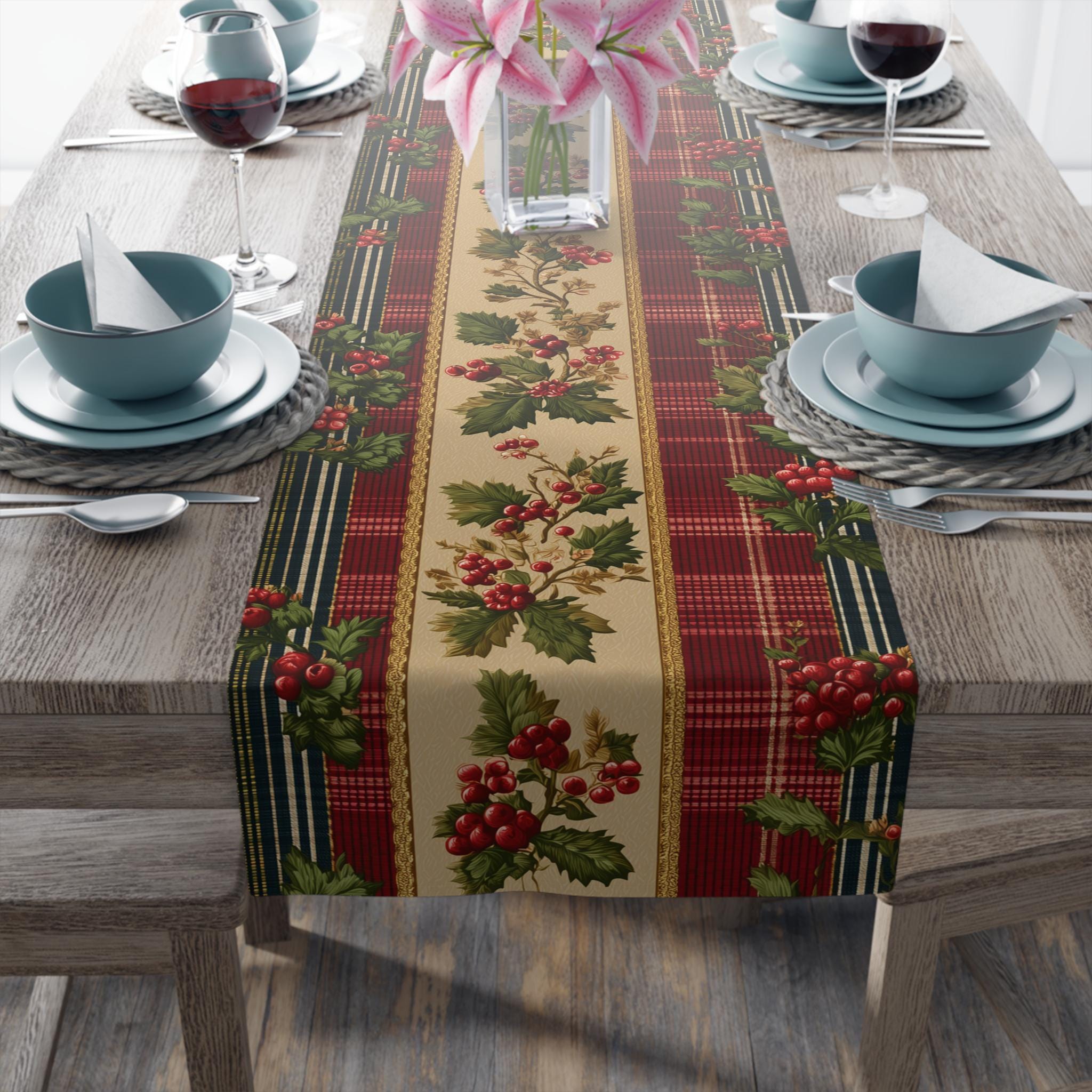 Christmas Table Runner: Classic Holly & Tartan Plaid