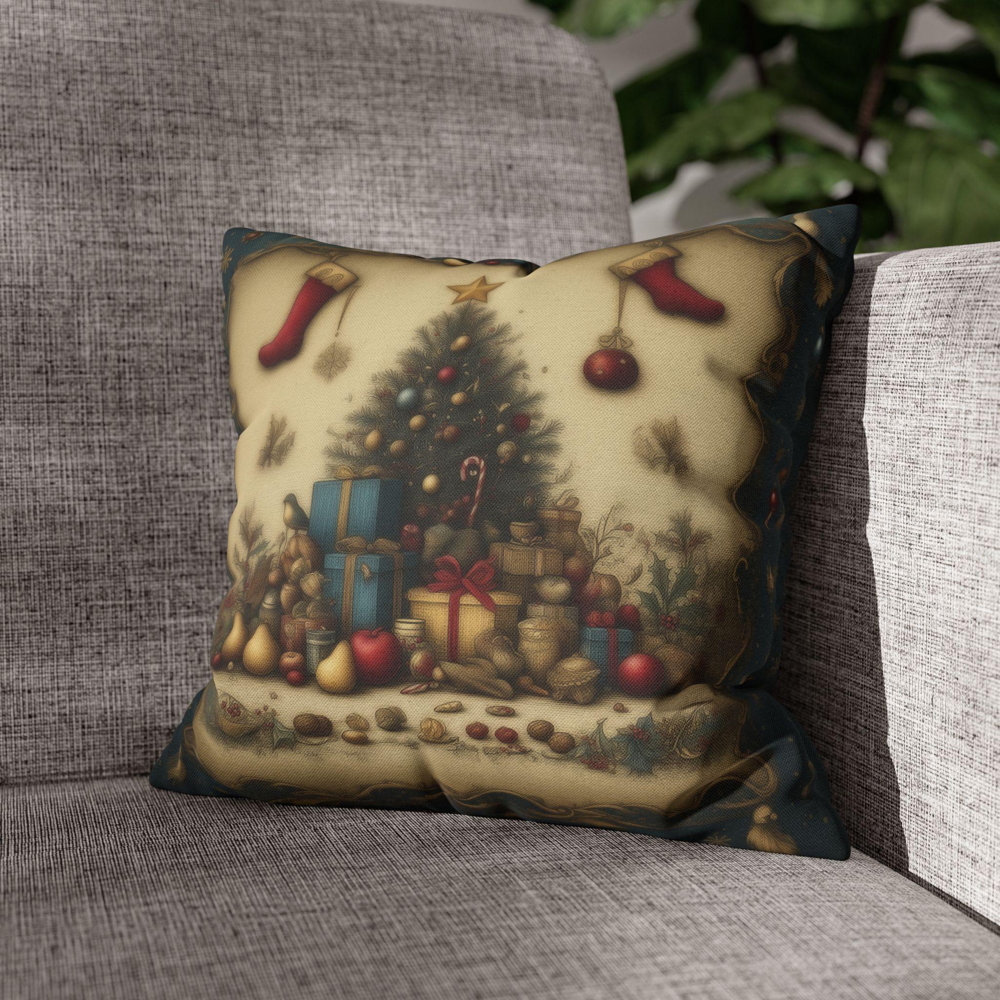 Vintage Style Christmas Nostalgia Pillow Cover: Holiday Tree with Gifts & Stockings