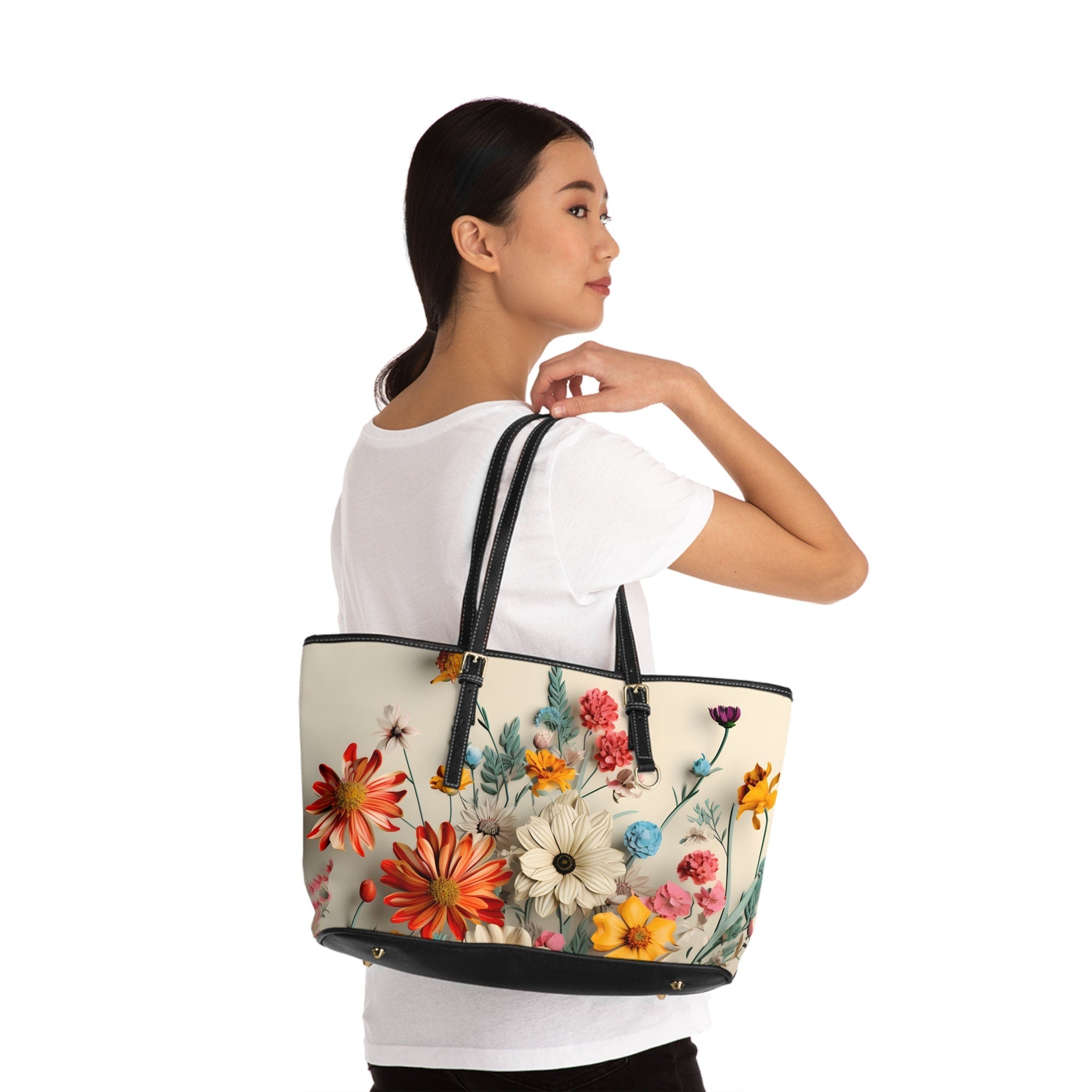 Vintage-Inspired Wildflower Shoulder Bag: Oversized PU Leather Tote with Artistic Floral Design