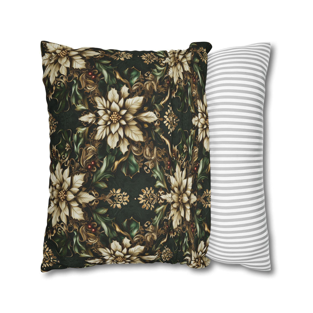 Holiday Poinsettia Pillow cover - Festive Christmas Decor Red Green Gold & Creamy Beige