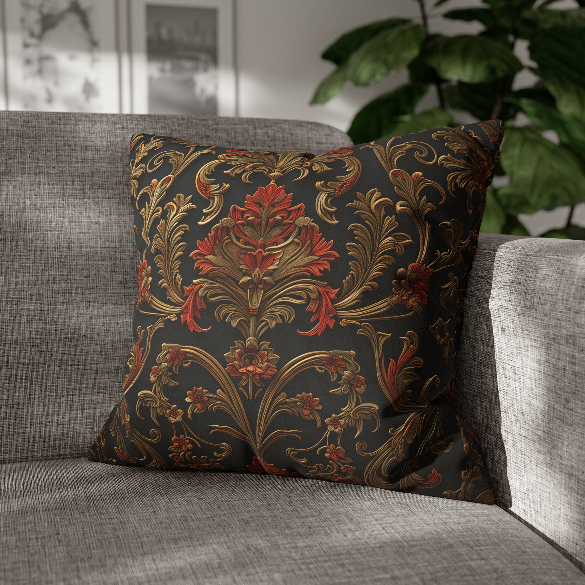 Classic Baroque Pattern Pillow Cover | Dark Background with Red & Gold | Traditional Elegance