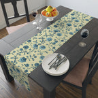 Teal Floral Chinoiserie Table Runner: Elegant Botanical Dining Decor on Buttery Yellow