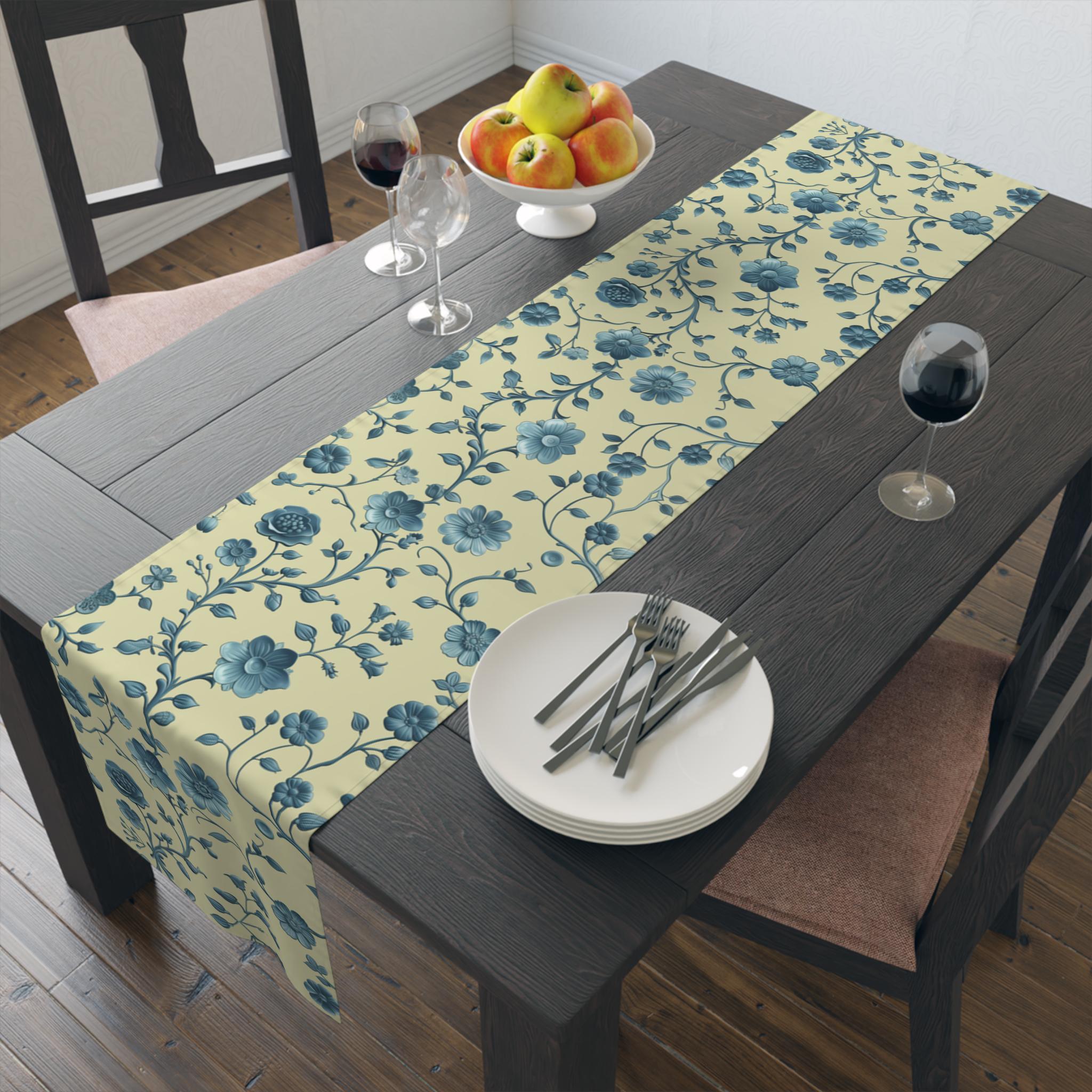Teal Floral Chinoiserie Table Runner: Elegant Botanical Dining Decor on Buttery Yellow