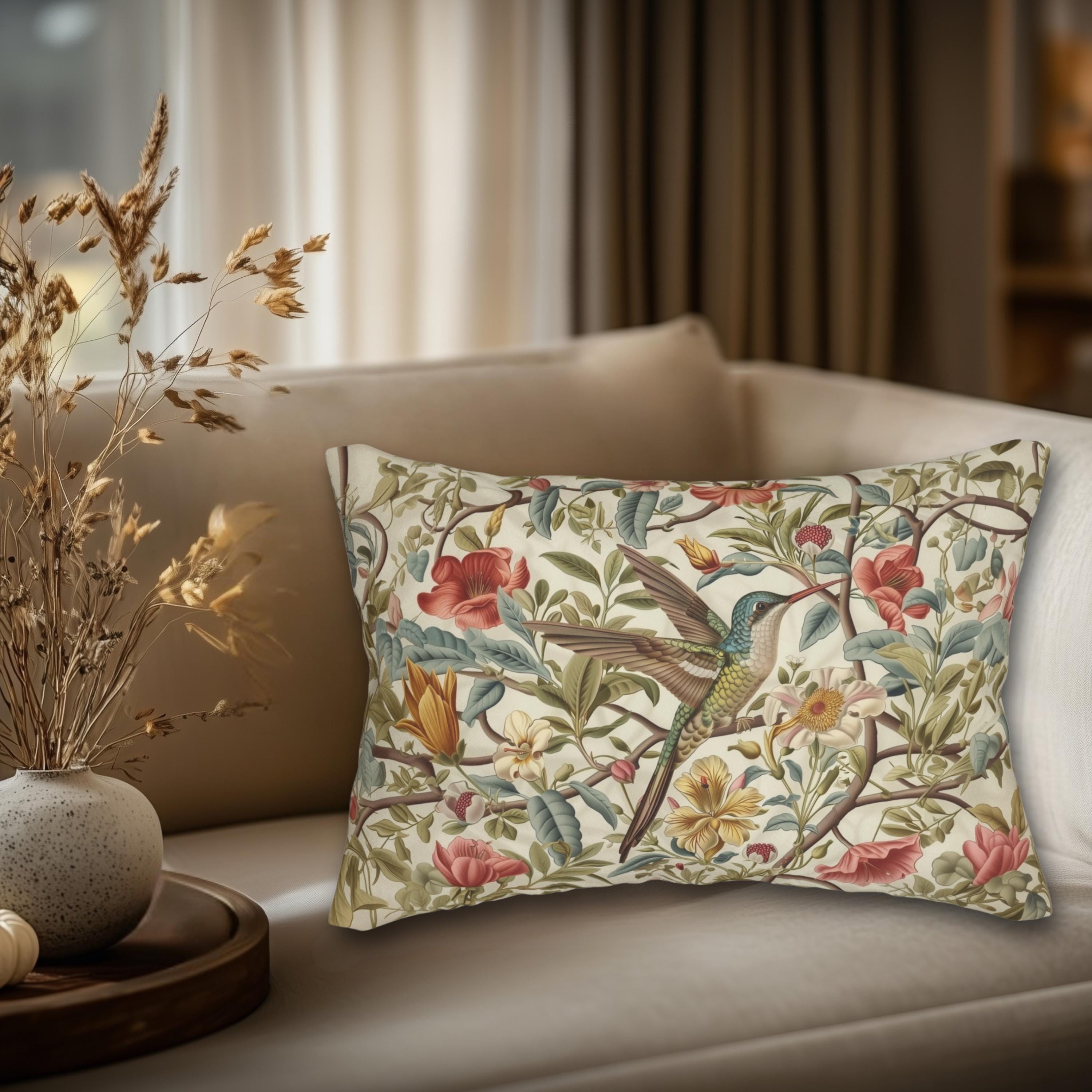 William Morris Hummingbird Floral Lumbar Pillow:  Botanical Cushion, Vintage Style Home Decor Accent