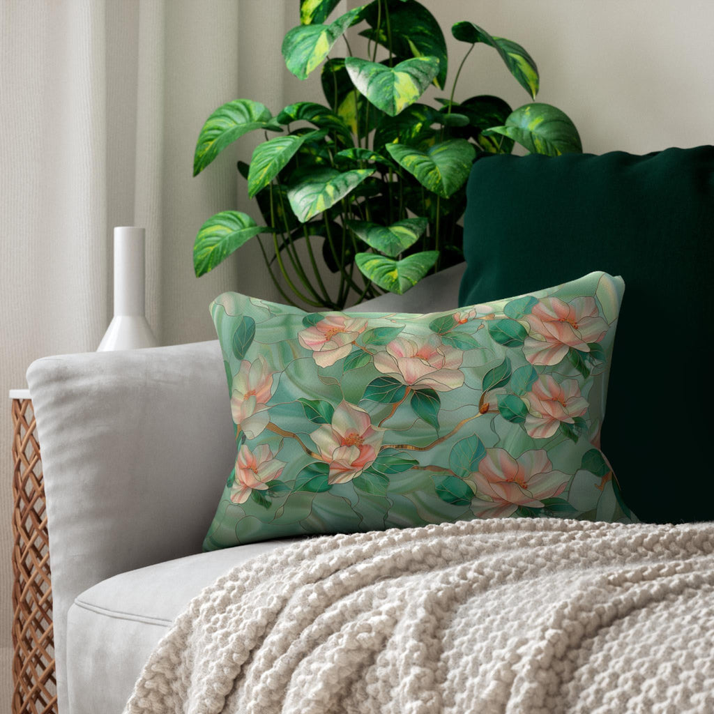 Chinoiserie Lumbar Pillow Stained Glass Style Pink Magnolia Flowers Luminous Green Background