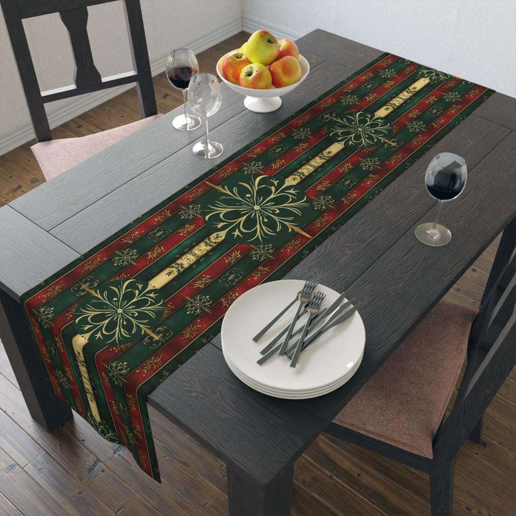 Elegant Christmas Table Runner: Green Red and Gold Snowflake Design