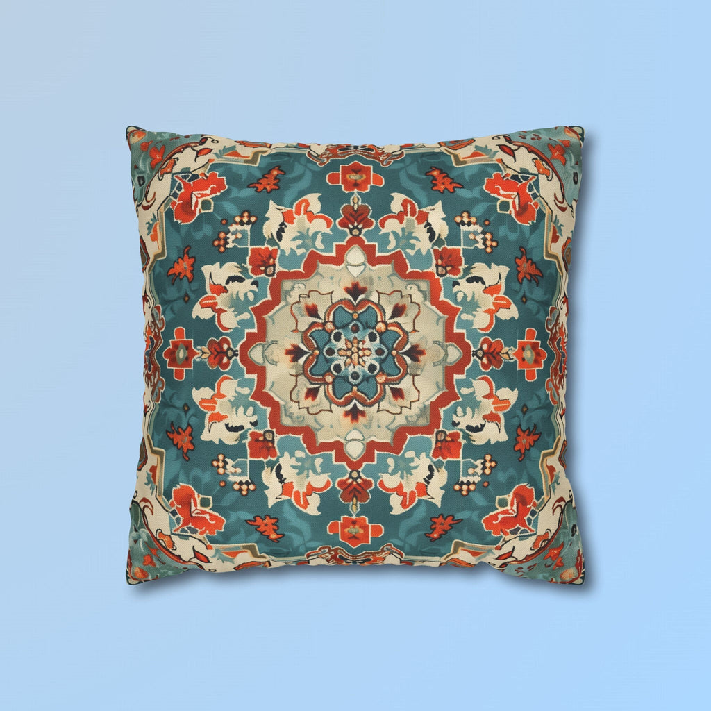 Traditional Turkish Kilim-Inspired Pillow Cover: Vibrant Teal Medallion Design Square Cushion