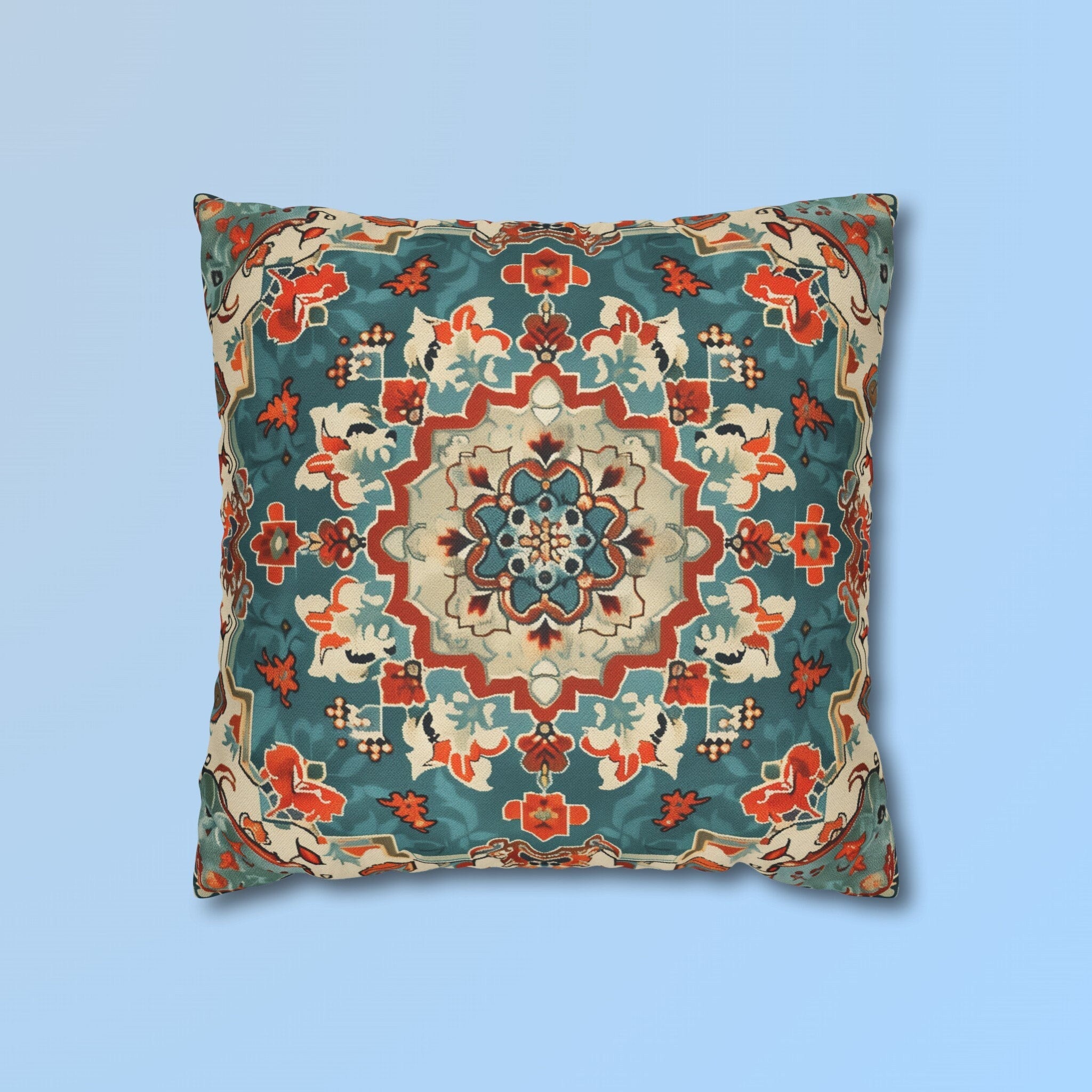 Traditional Turkish Kilim-Inspired Pillow Cover: Vibrant Teal Medallion Design Square Cushion