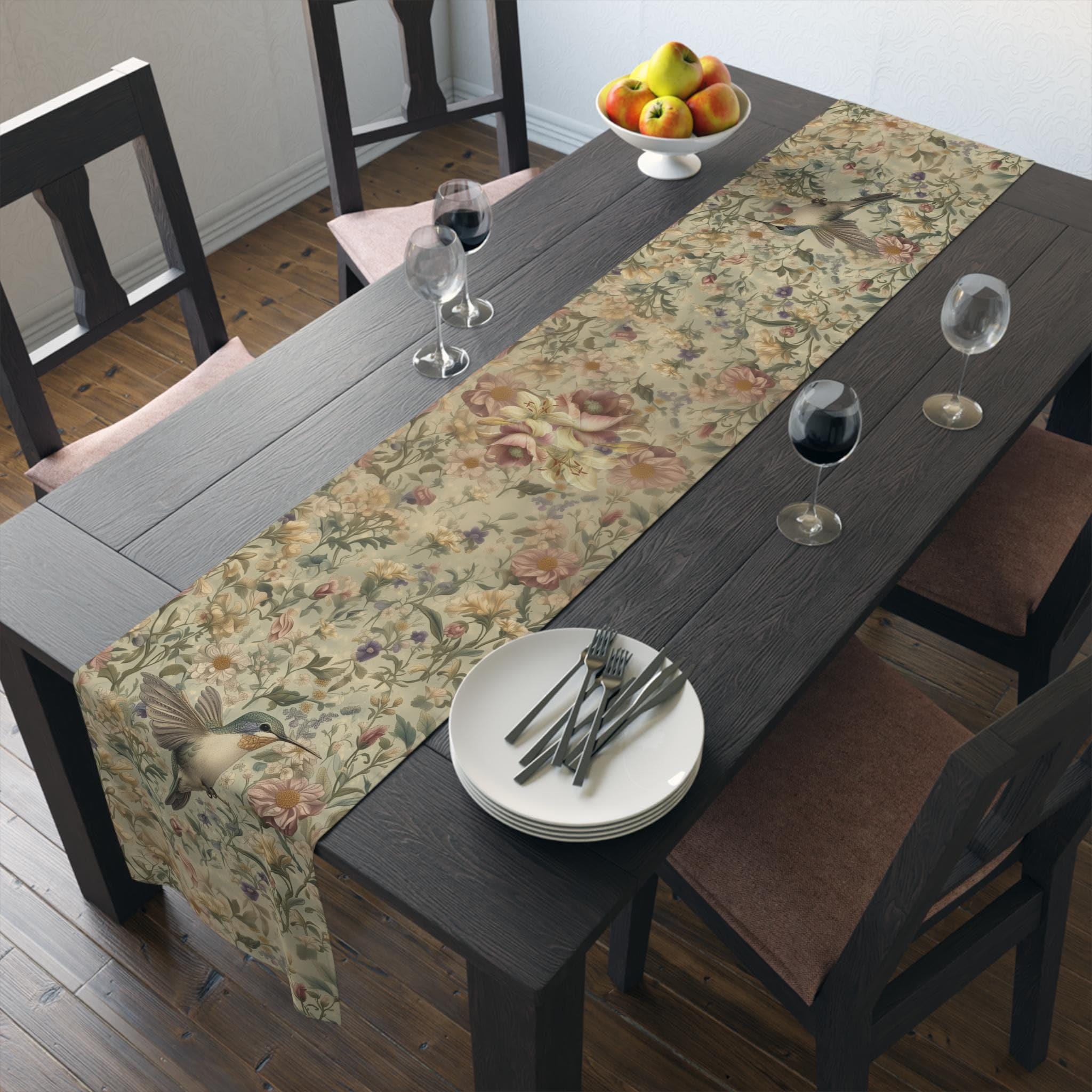 William Morris Inspired Botanical Table Runner: Vintage Style Floral Hummingbird Garden Dining Decor