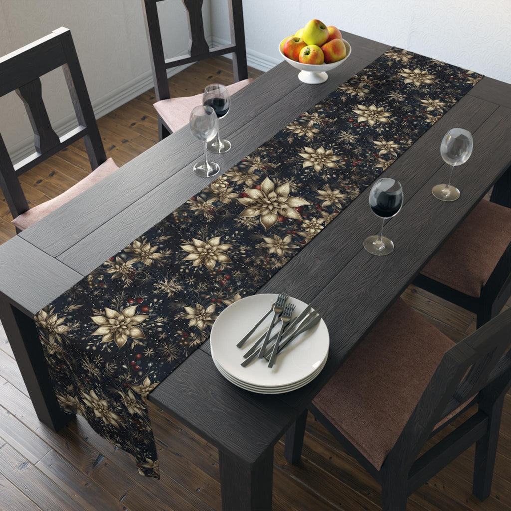 Navy Blue Holiday Table Runner: Golden Poinsettia Design