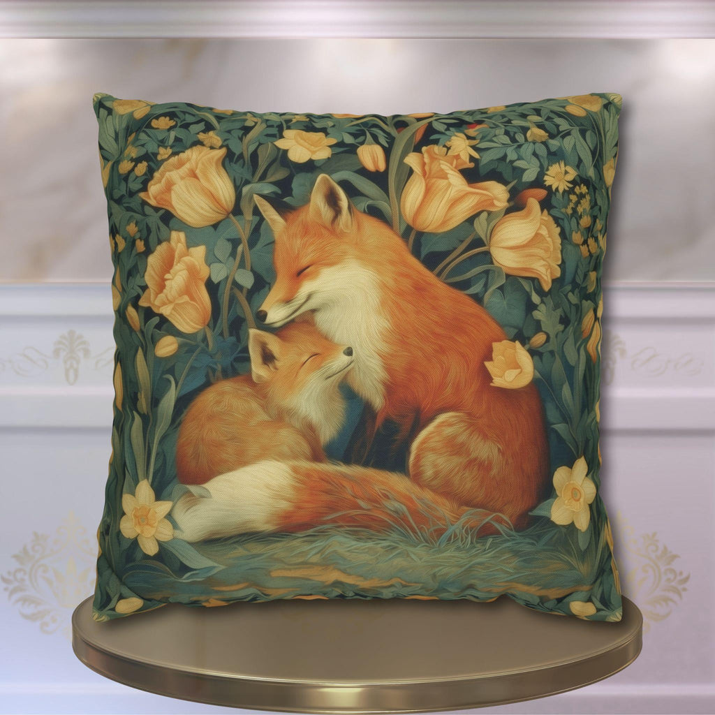 Mother's Bond Fox Pillow Cover: William Morris Inspired Woodland Botanical