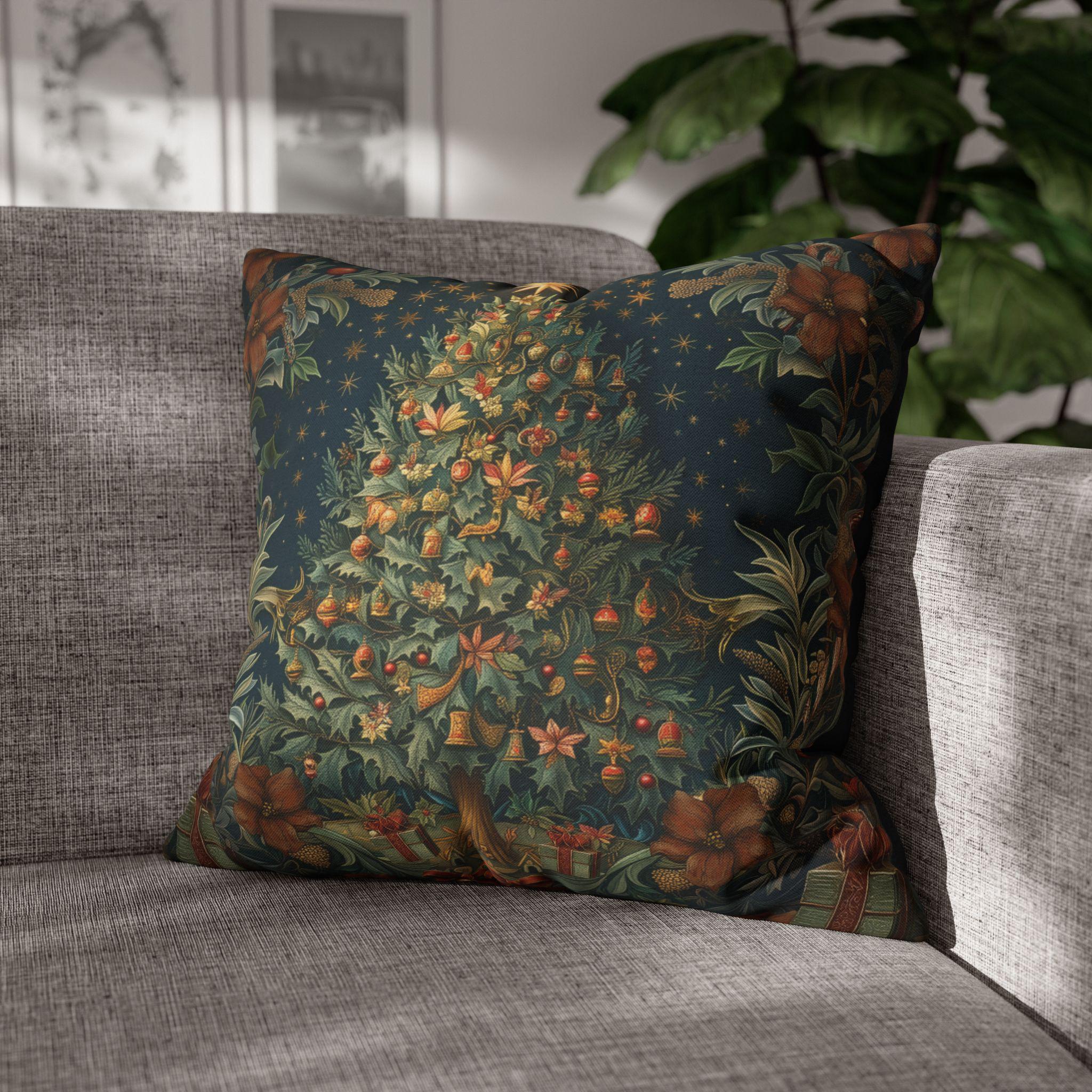 Elegant William Morris Inspired Christmas Tree Throw Pillow: Vintage Art Nouveau Holiday Home Decor
