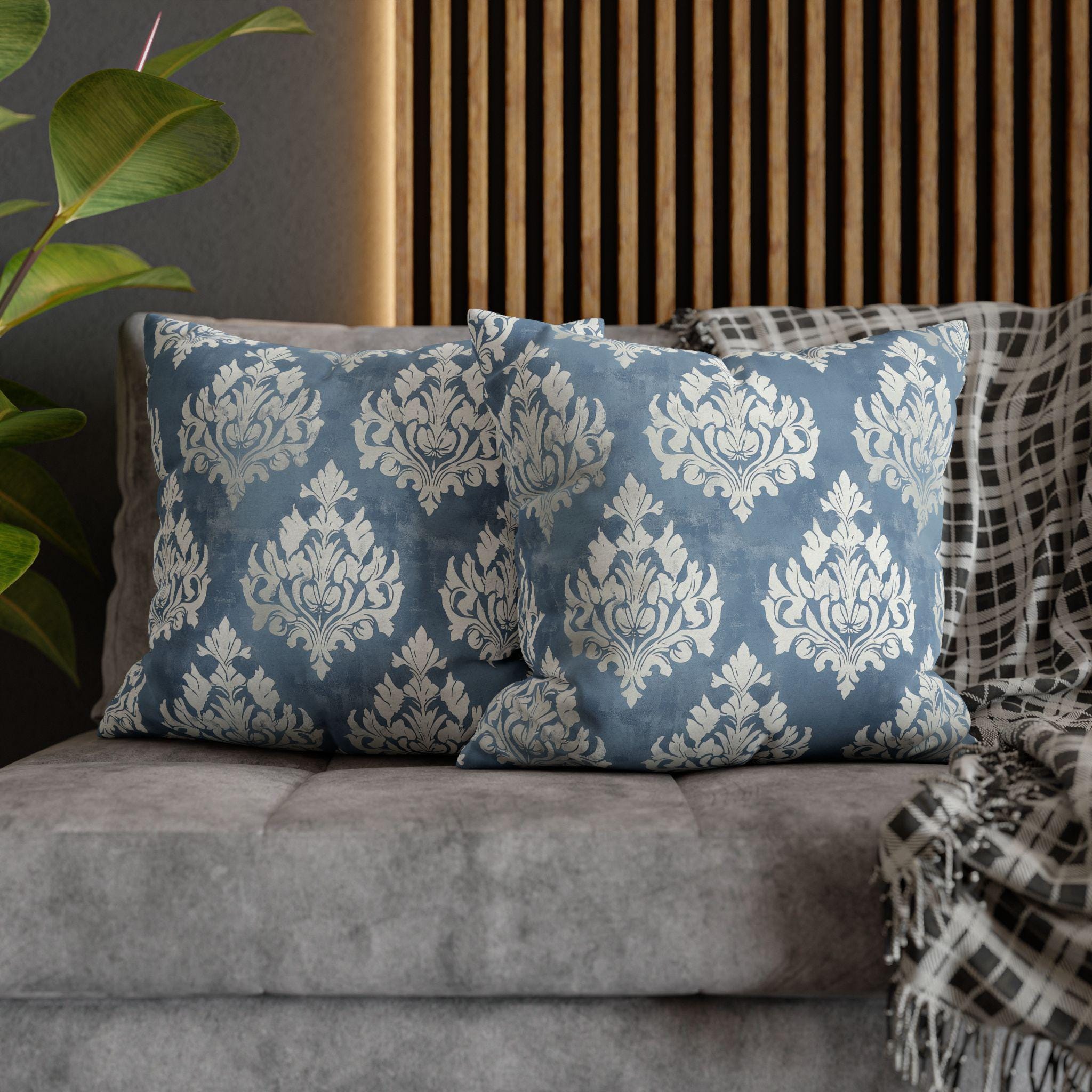 Blue Damask Pillow Cover: Silvery White Vintage Style French Country Decor