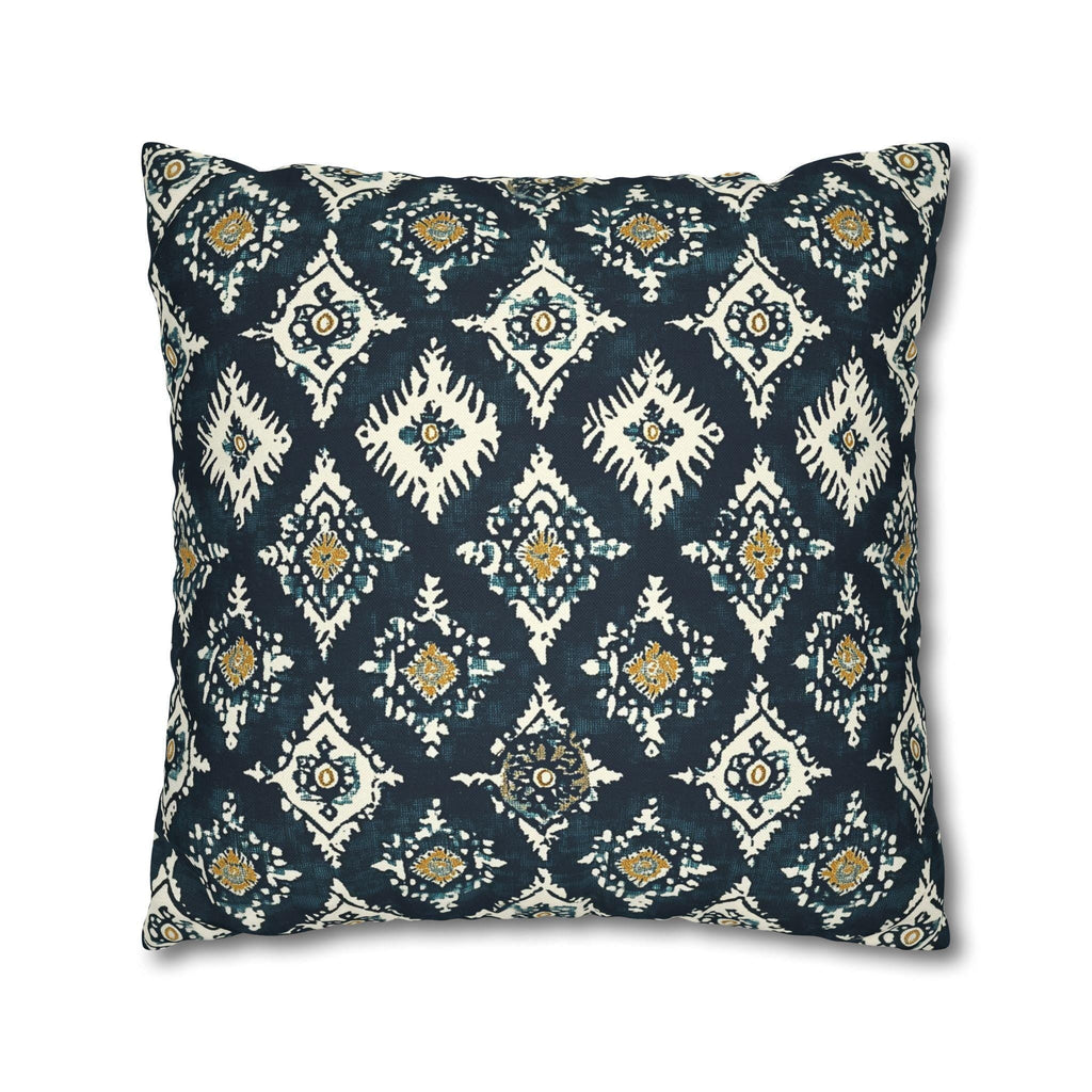 Traditional Ikat Style Pillow Cover | Dark Blue, White, Mustard Yellow | Geometric Design