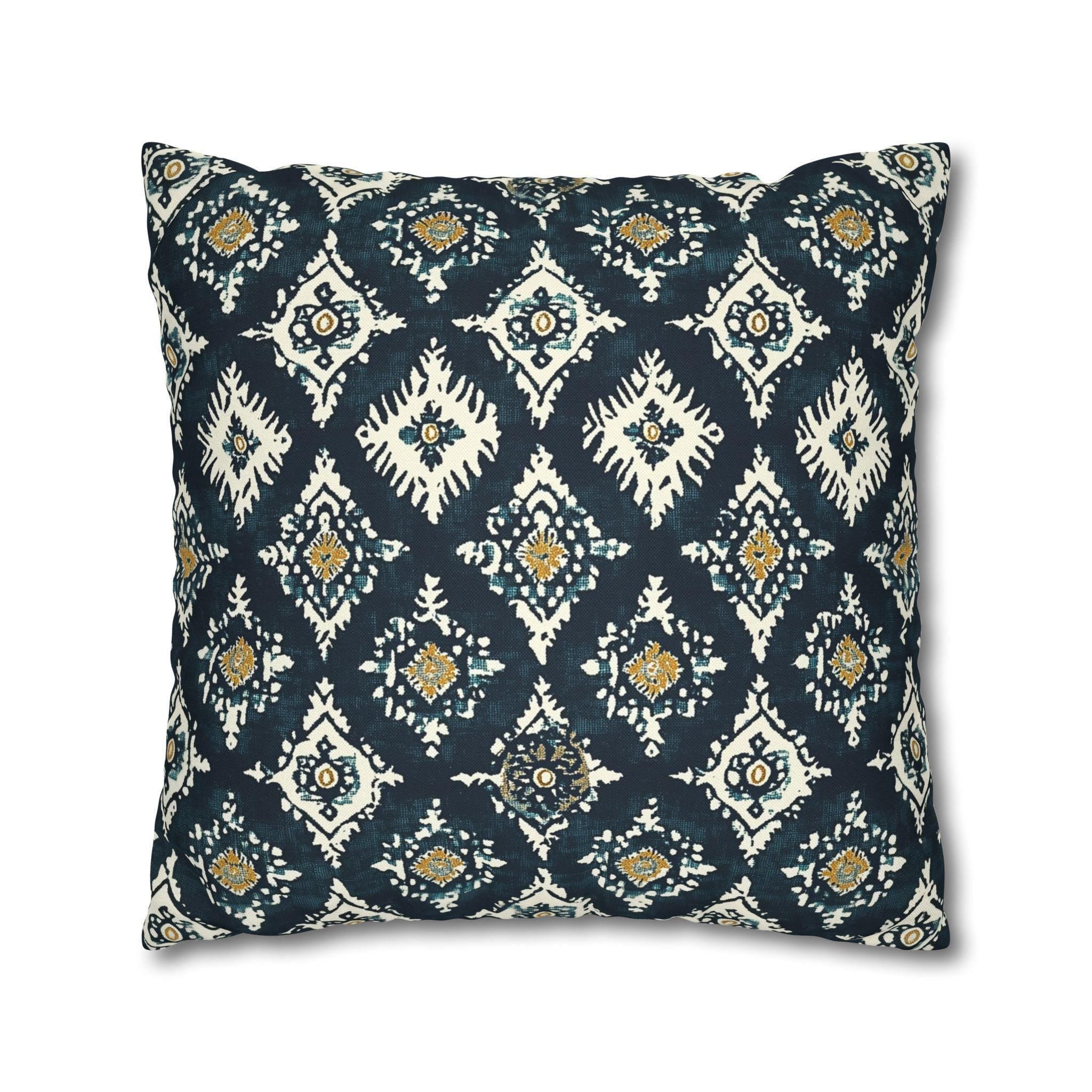 Traditional Ikat Style Pillow Cover | Dark Blue, White, Mustard Yellow | Geometric Design