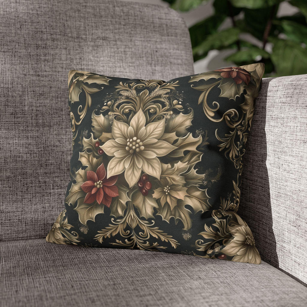 Vintage Style William Morris Christmas Pillow Cover: Poinsettia & Holly on Charcoal Cushion